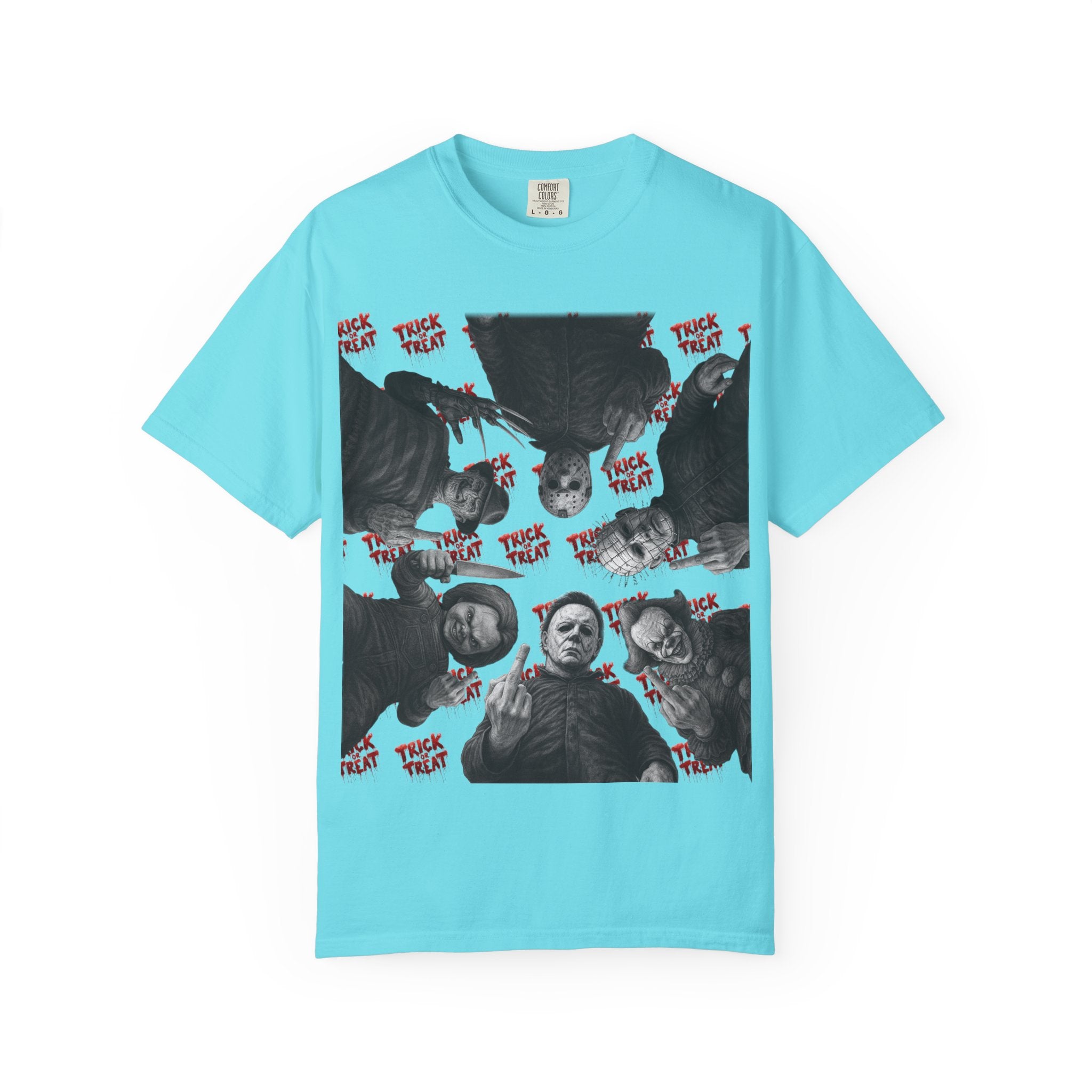 Horror Slashers Unisex T-shirt - Retro Michael Myers, Freddy, Jason, Chucky Middle Finger Design