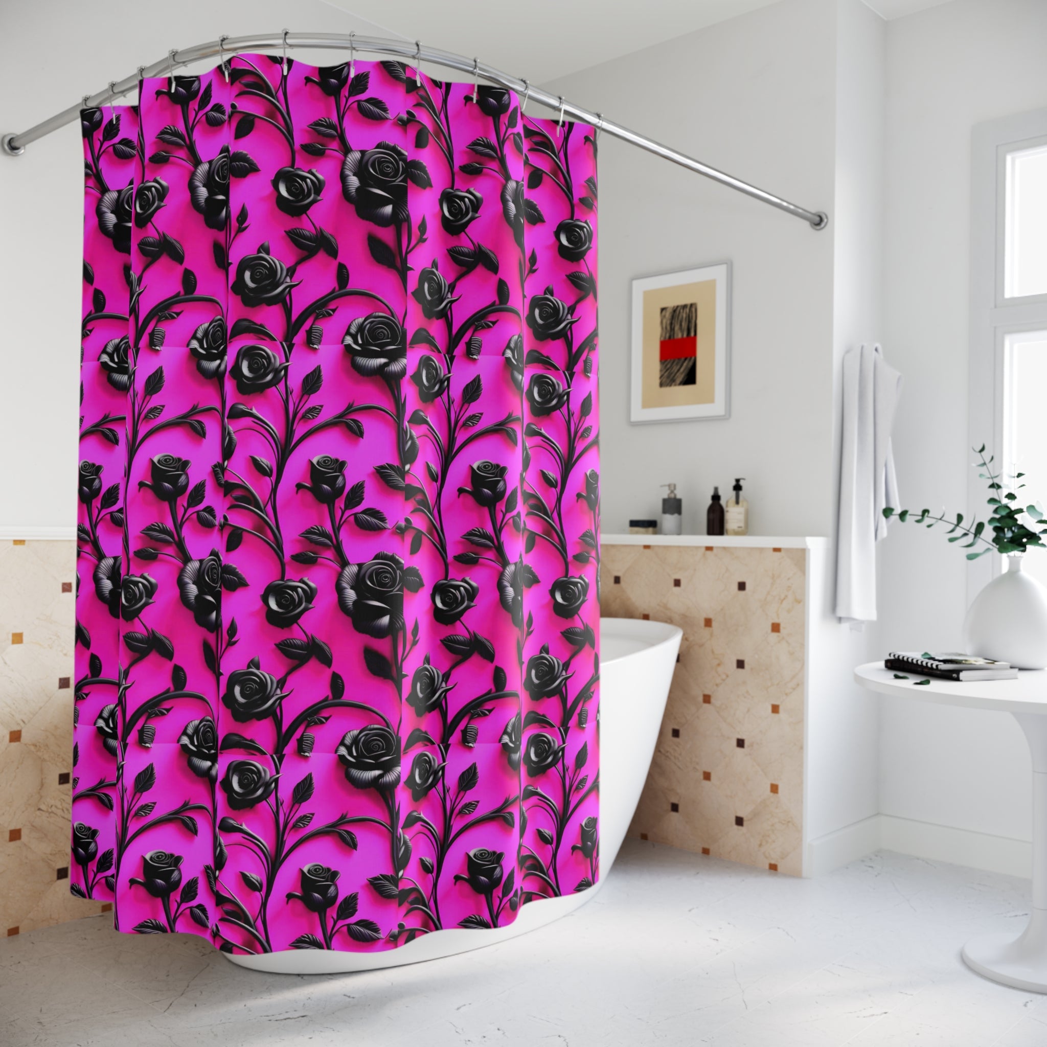 Goth Hot Pink Gen X Black Rose Glam Shower Curtains