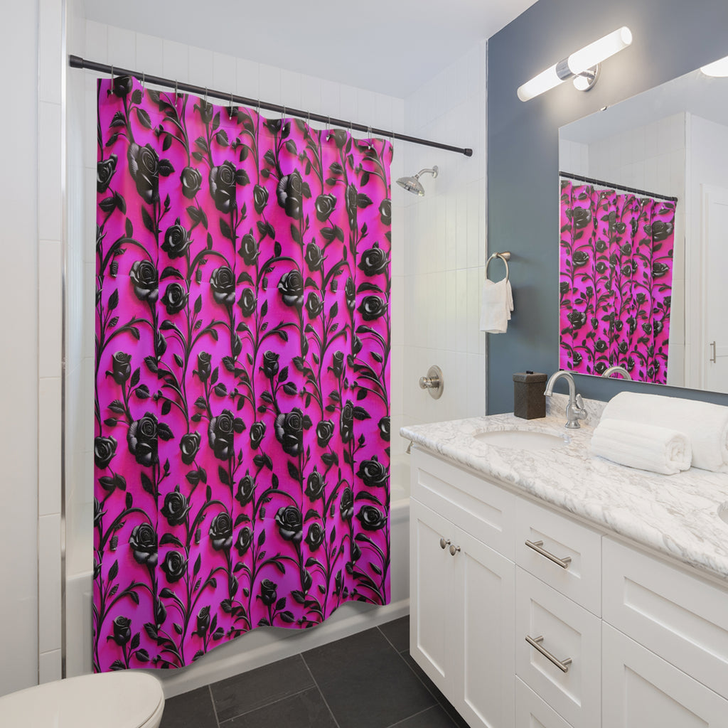 Goth Hot Pink Gen X Black Rose Glam Shower Curtains