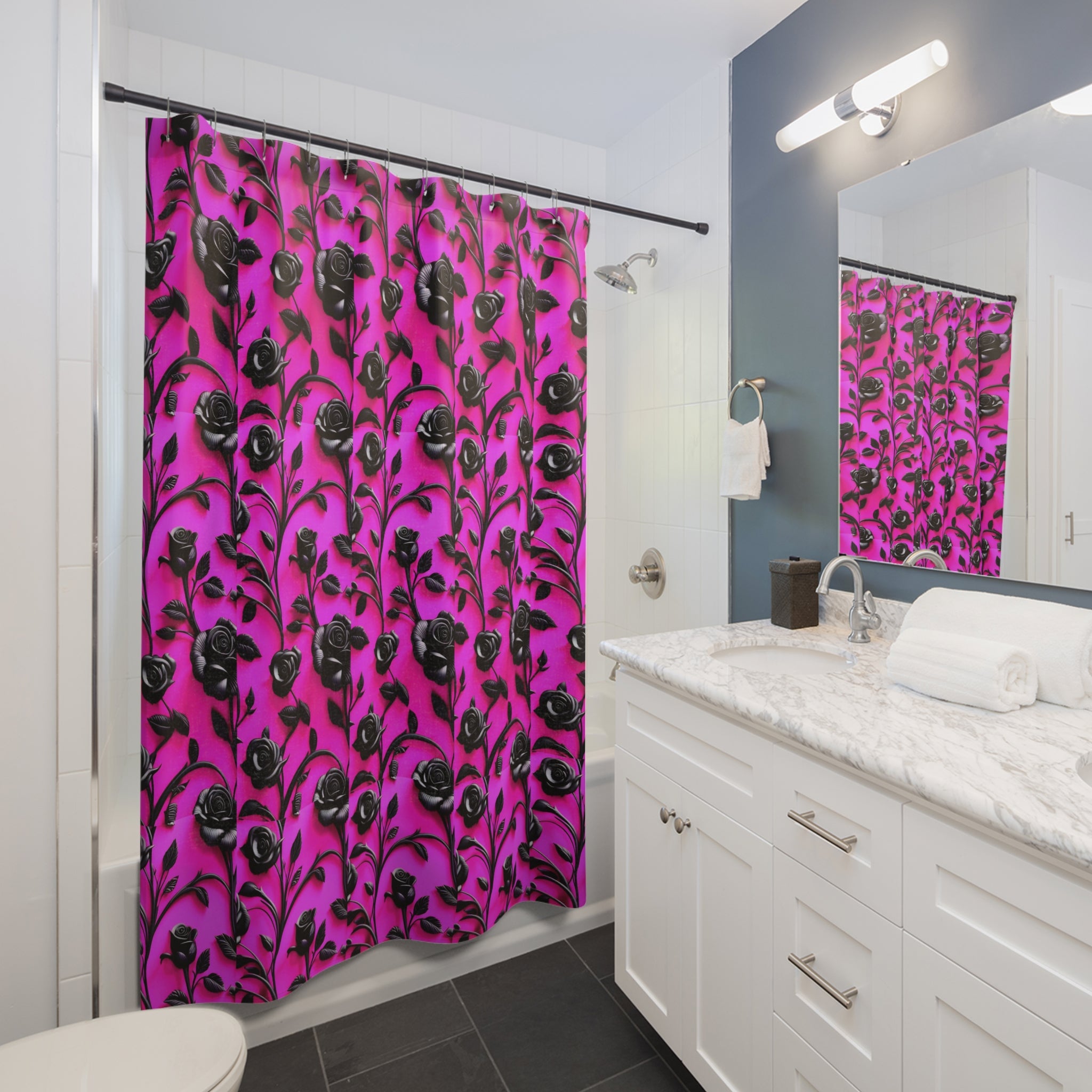 Goth Hot Pink Gen X Black Rose Glam Shower Curtains