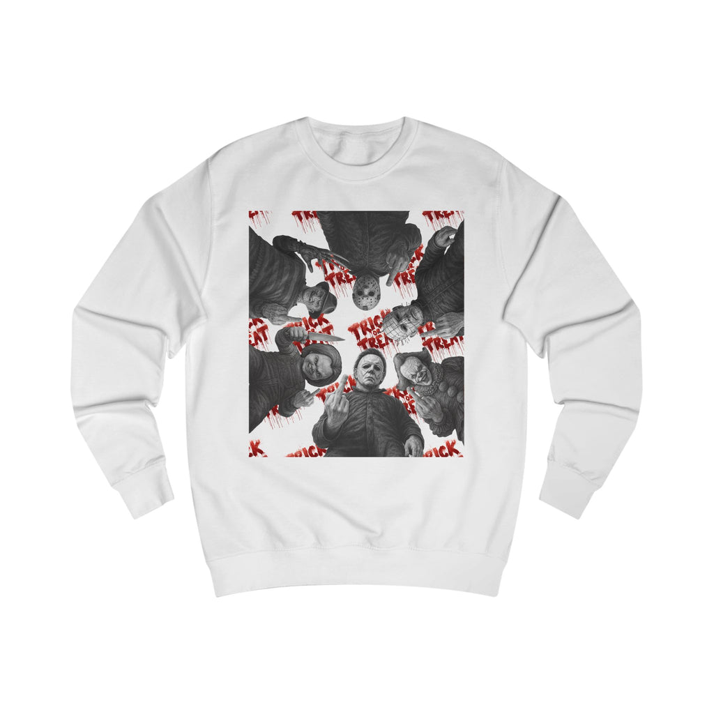 Retro Horror Trick or Treat Unisex Sweatshirt | Cozy Halloween Apparel, Perfect for Fall Celebrations, Gift for Ghost Lovers, Holiday Fashion