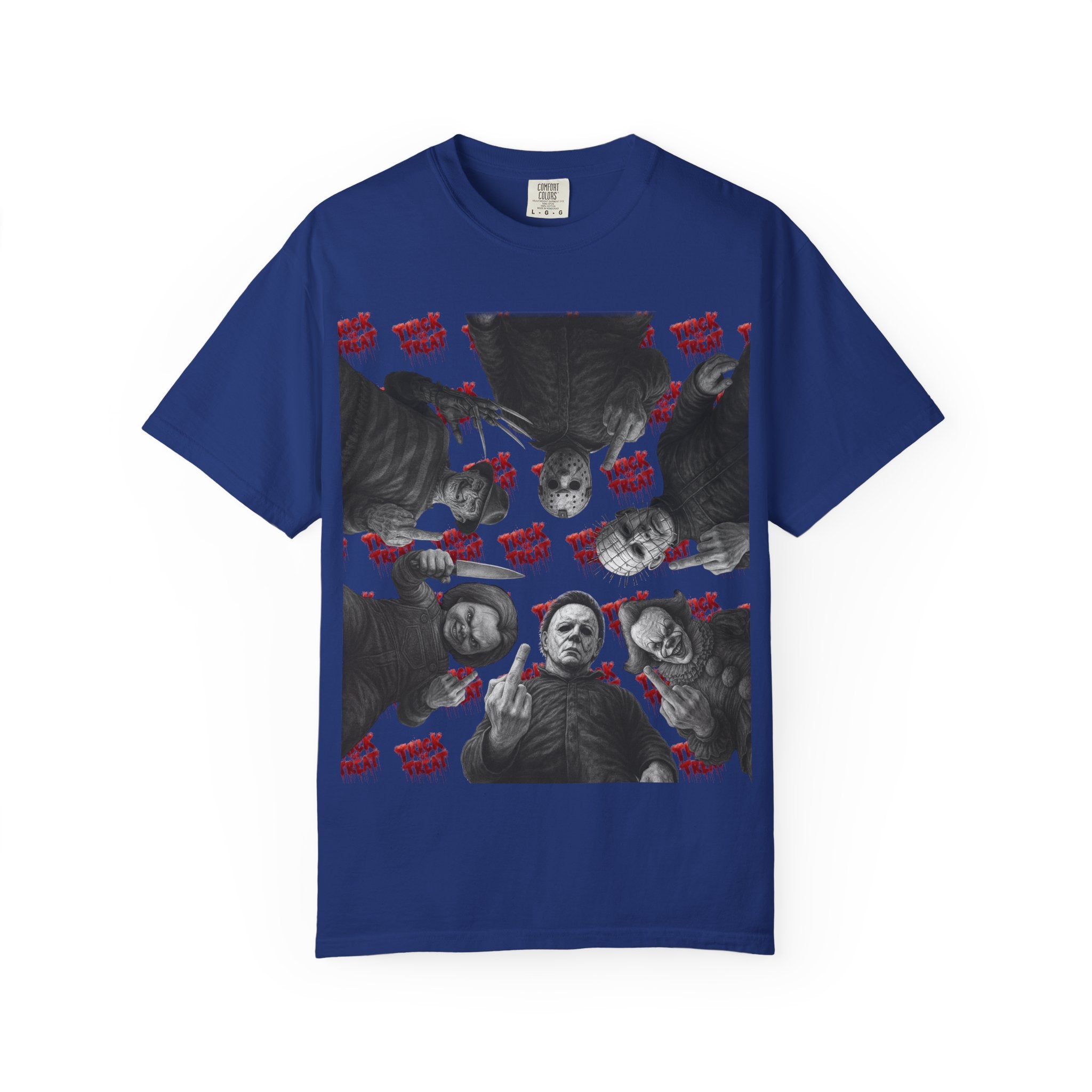 Horror Slashers Unisex T-shirt - Retro Michael Myers, Freddy, Jason, Chucky Middle Finger Design