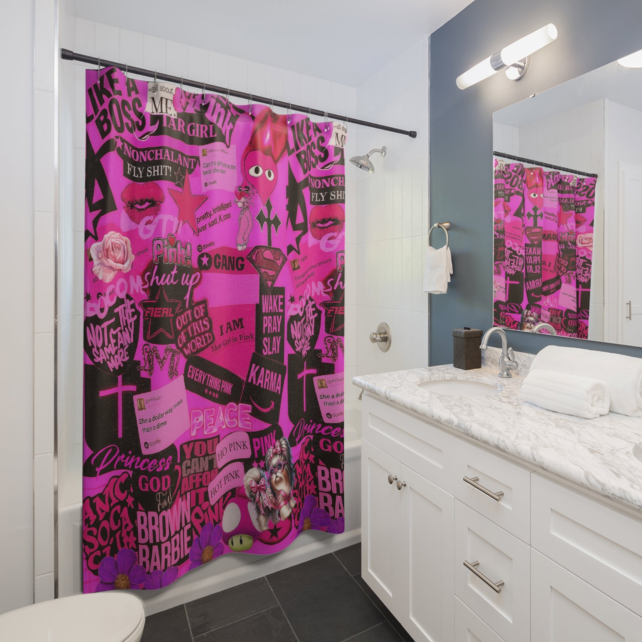 I Am That Girl in Pink Fashionista – Empowerment Collage Shower Curtain