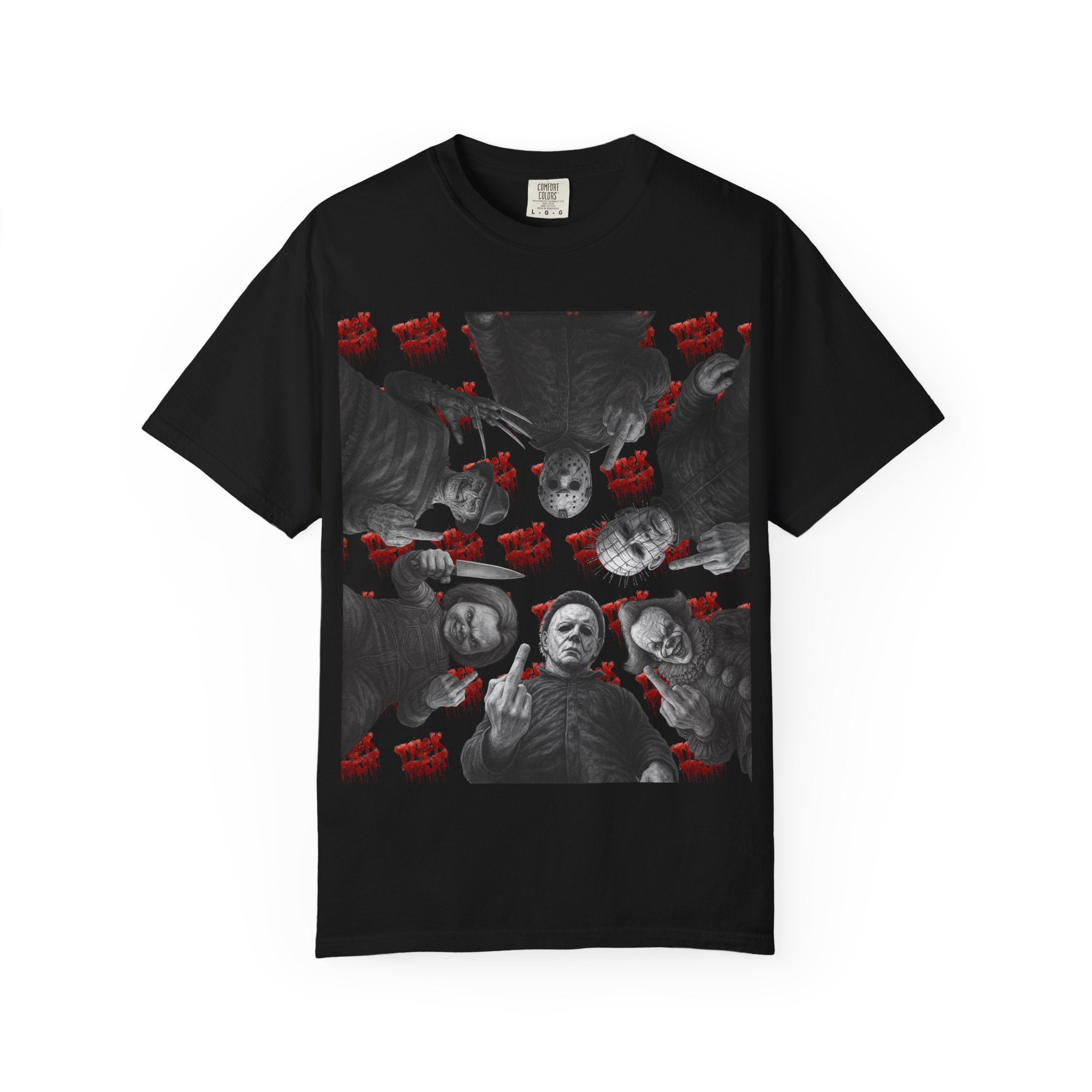 Horror Slashers Unisex T-shirt - Retro Michael Myers, Freddy, Jason, Chucky Middle Finger Design