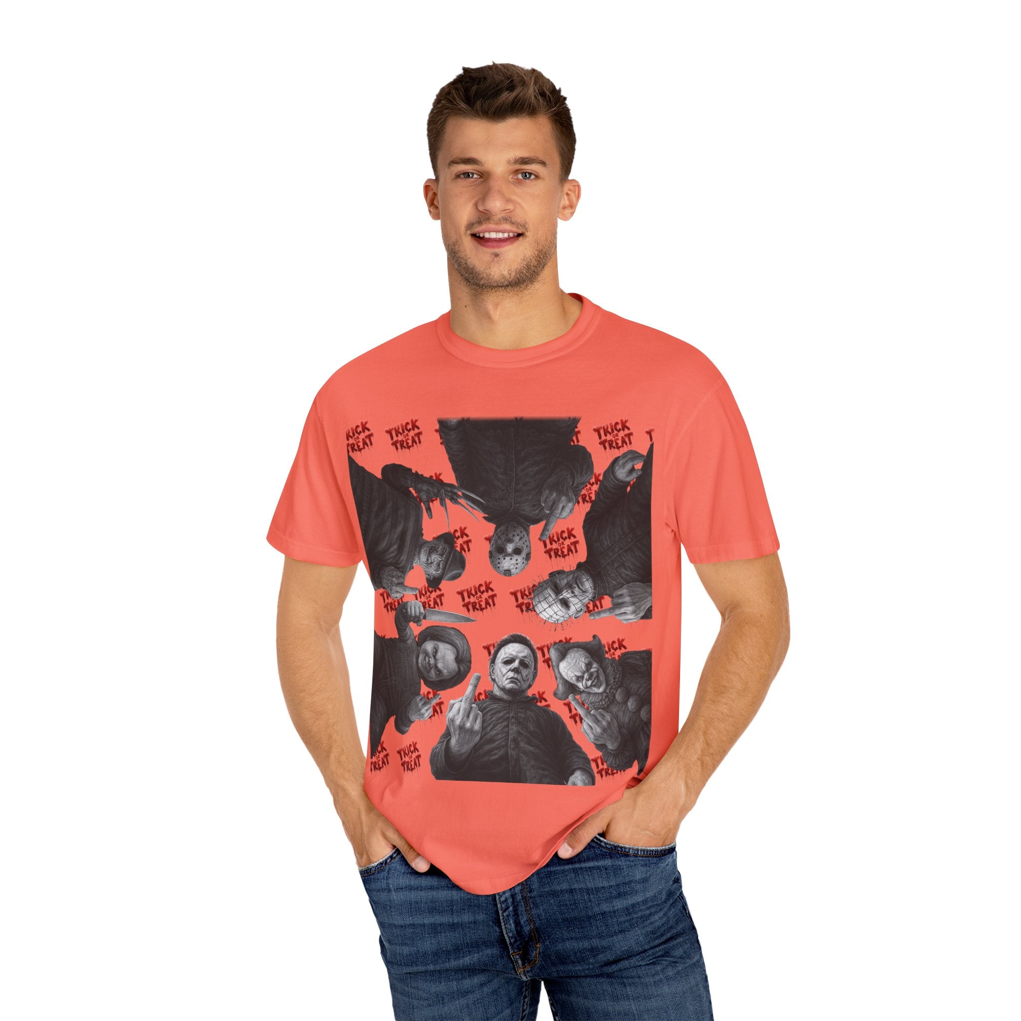 Horror Slashers Unisex T-shirt - Retro Michael Myers, Freddy, Jason, Chucky Middle Finger Design