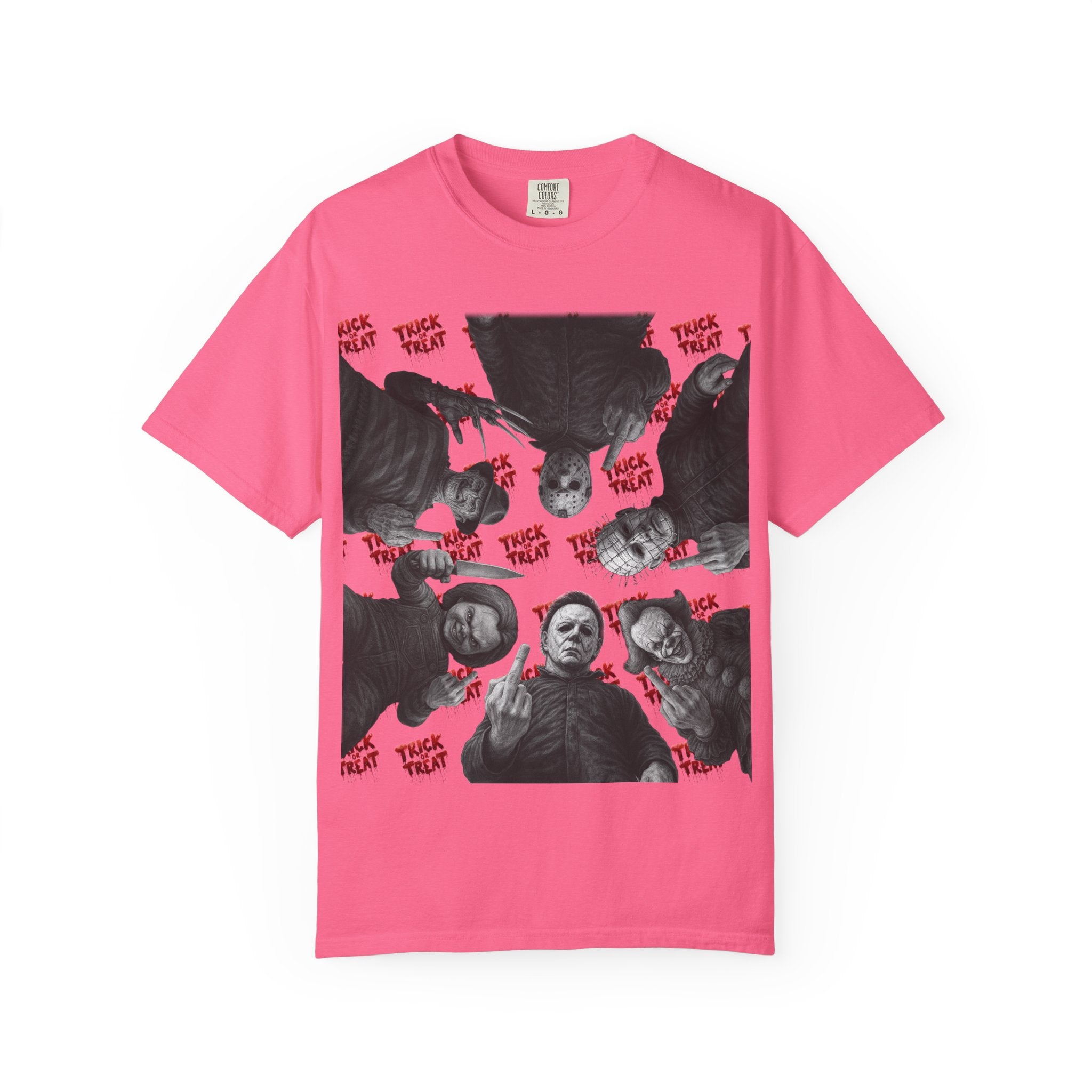 Horror Slashers Unisex T-shirt - Retro Michael Myers, Freddy, Jason, Chucky Middle Finger Design