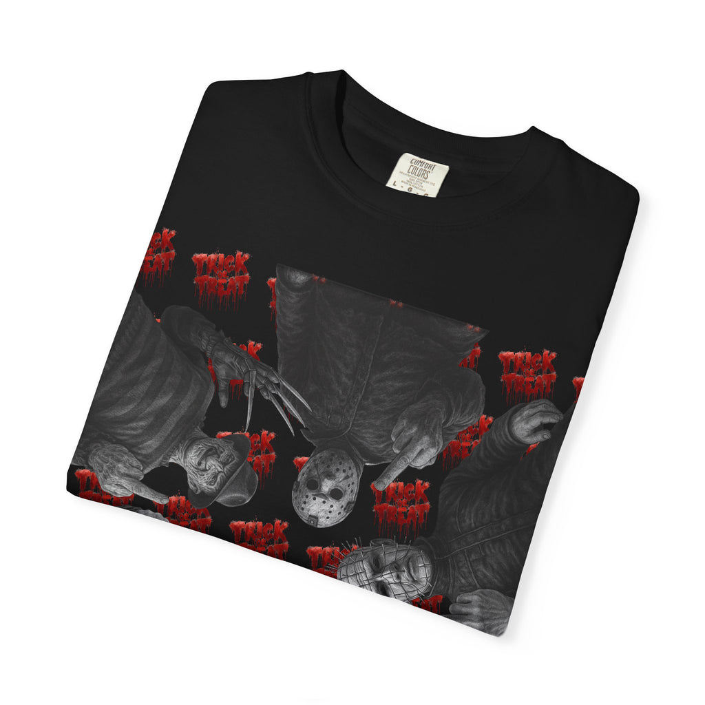 Horror Slashers Unisex T-shirt - Retro Michael Myers, Freddy, Jason, Chucky Middle Finger Design