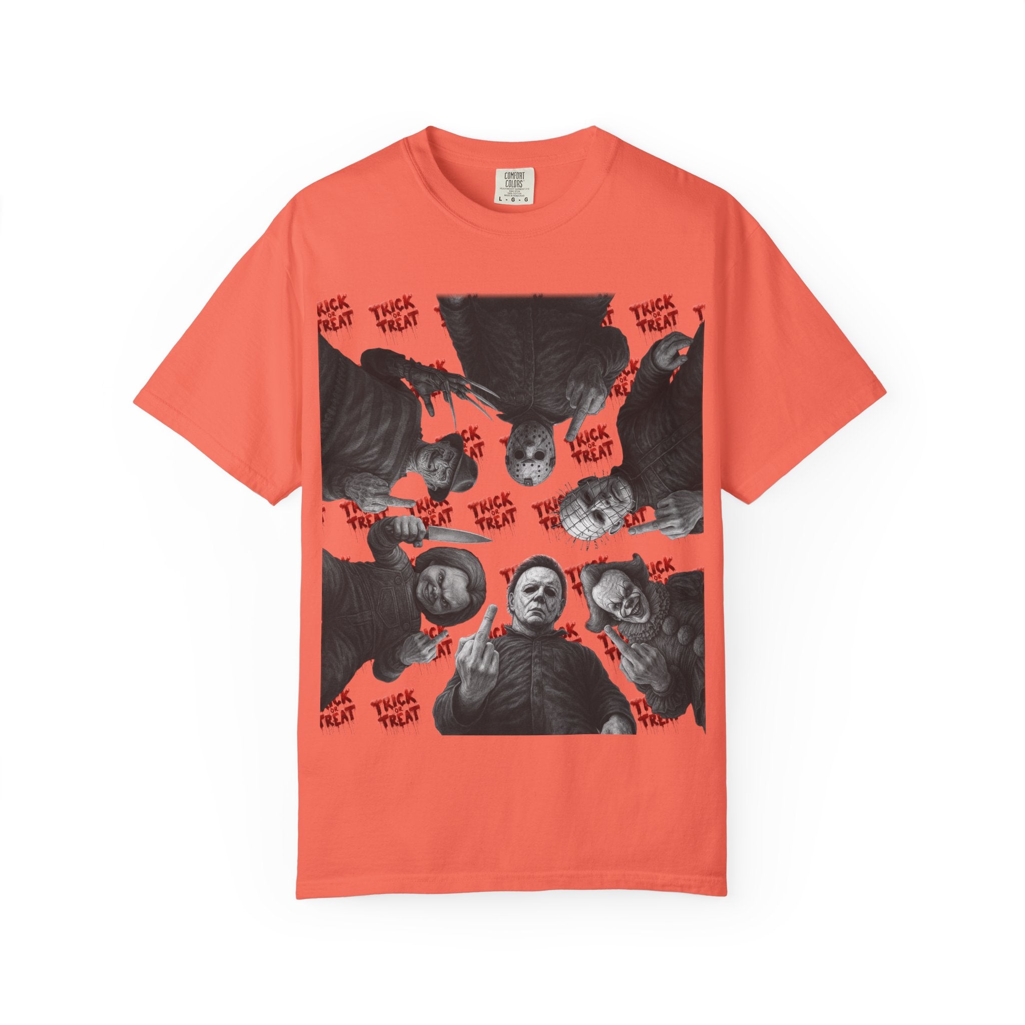 Horror Slashers Unisex T-shirt - Retro Michael Myers, Freddy, Jason, Chucky Middle Finger Design