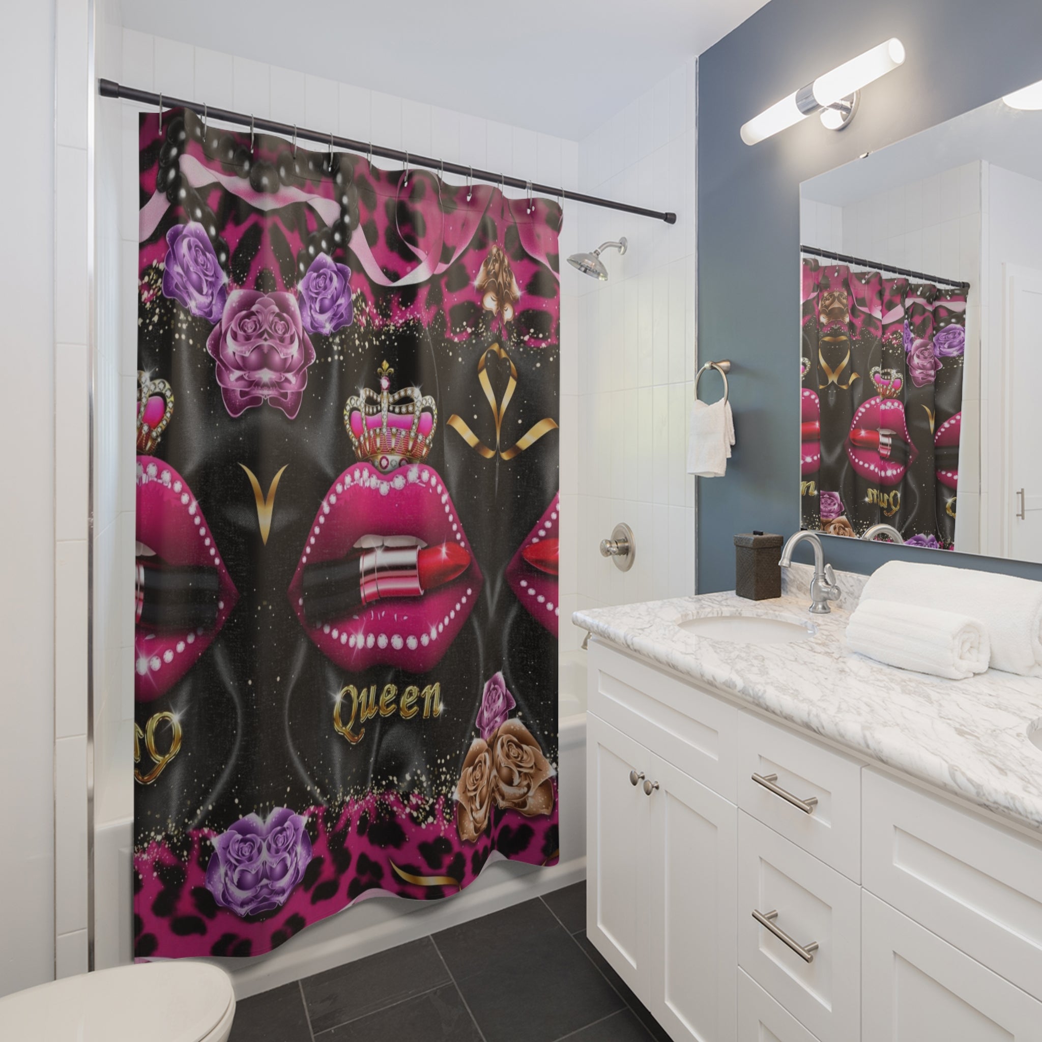 Shower Curtains - Queen Glam Pink Black Leopard Print