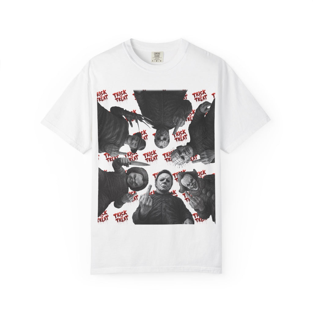 Horror Slashers Unisex T-shirt - Retro Michael Myers, Freddy, Jason, Chucky Middle Finger Design
