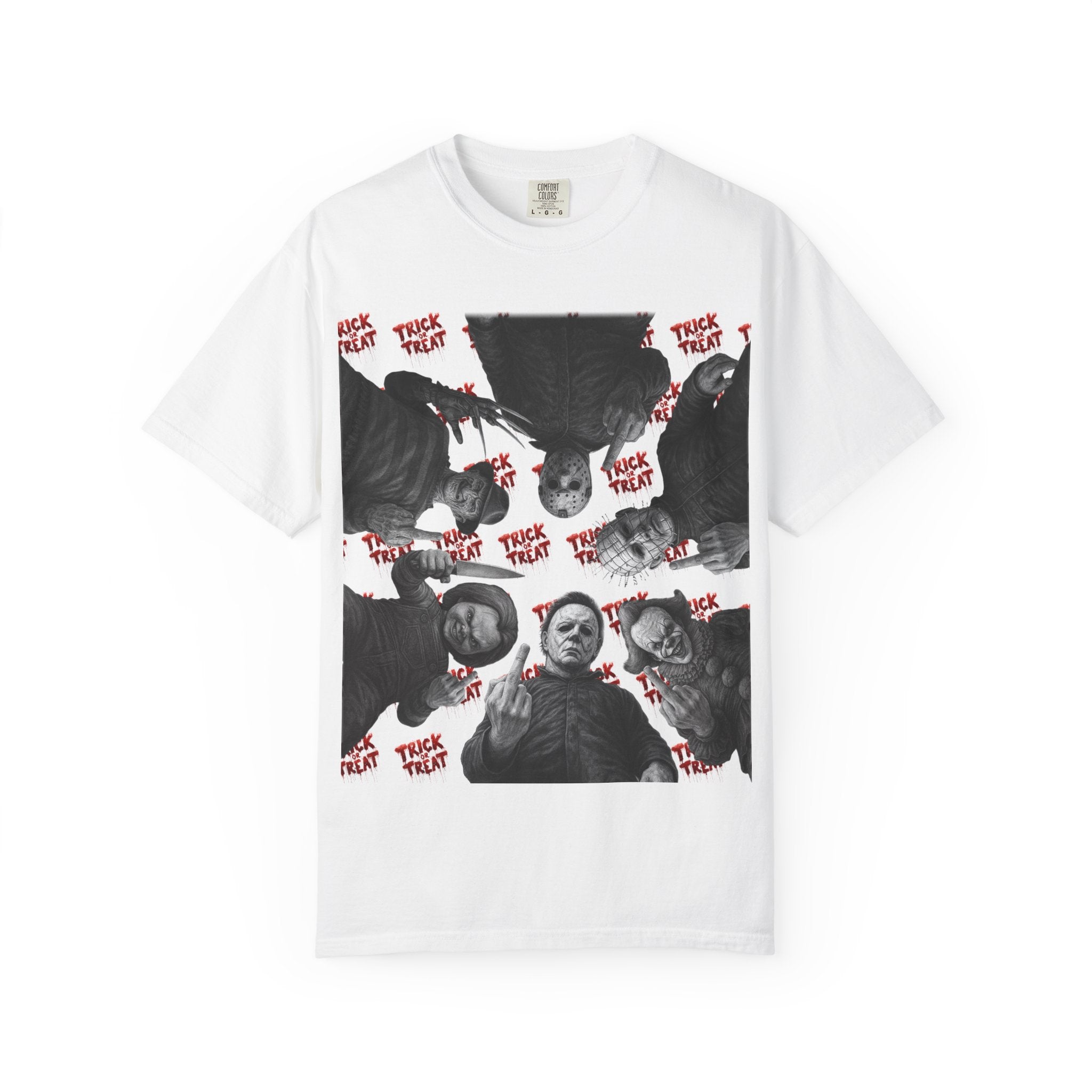 Horror Slashers Unisex T-shirt - Retro Michael Myers, Freddy, Jason, Chucky Middle Finger Design