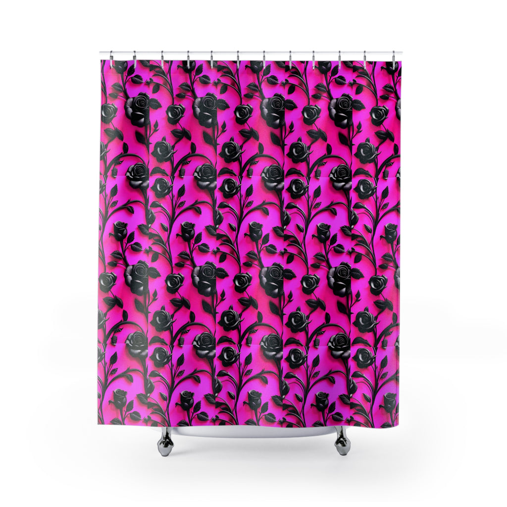 Goth Hot Pink Gen X Black Rose Glam Shower Curtains