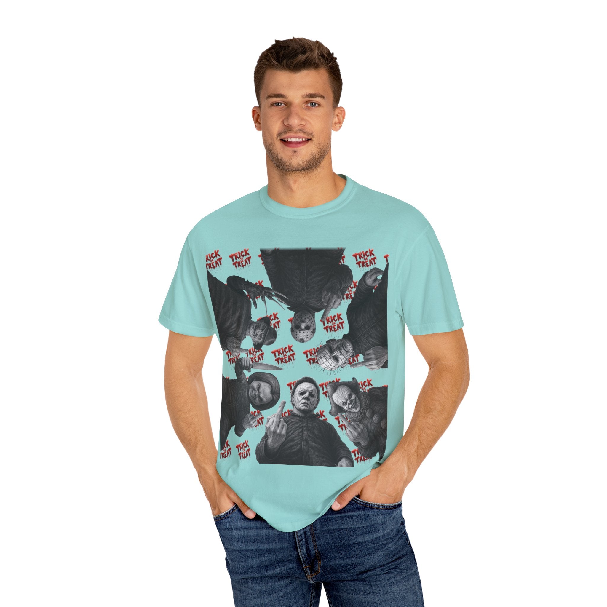 Horror Slashers Unisex T-shirt - Retro Michael Myers, Freddy, Jason, Chucky Middle Finger Design