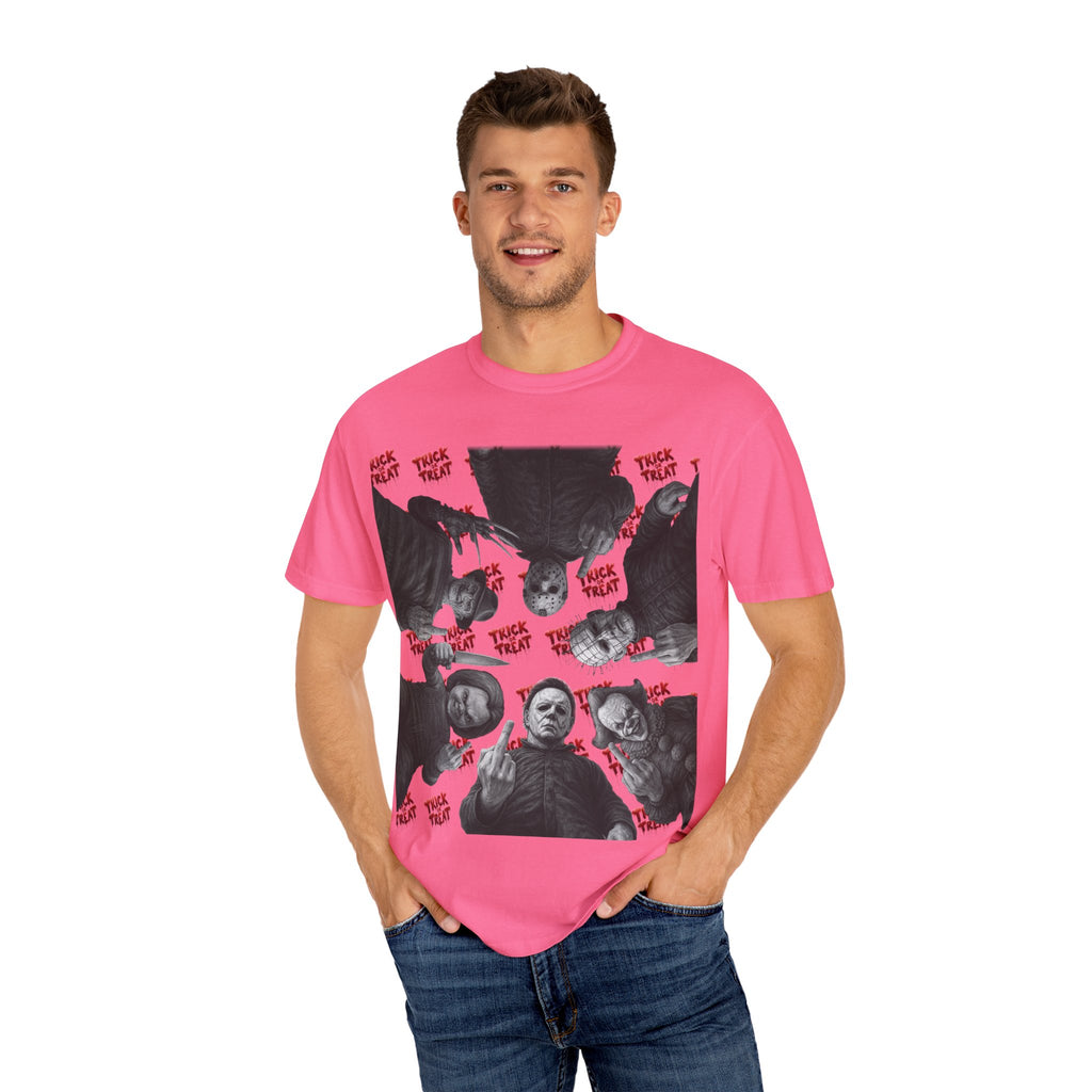 Horror Slashers Unisex T-shirt - Retro Michael Myers, Freddy, Jason, Chucky Middle Finger Design