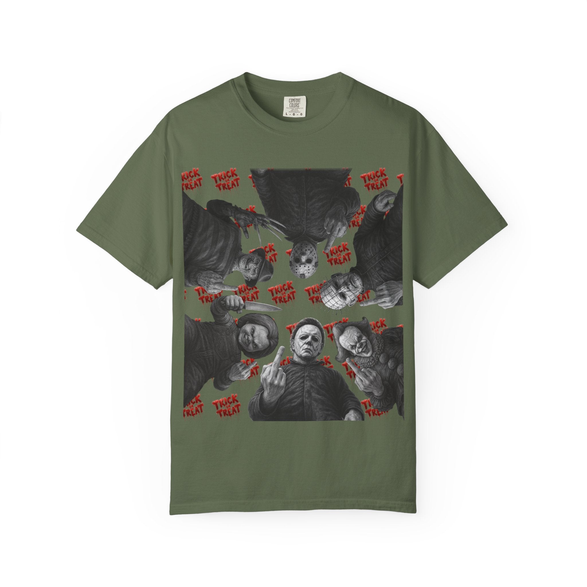 Horror Slashers Unisex T-shirt - Retro Michael Myers, Freddy, Jason, Chucky Middle Finger Design