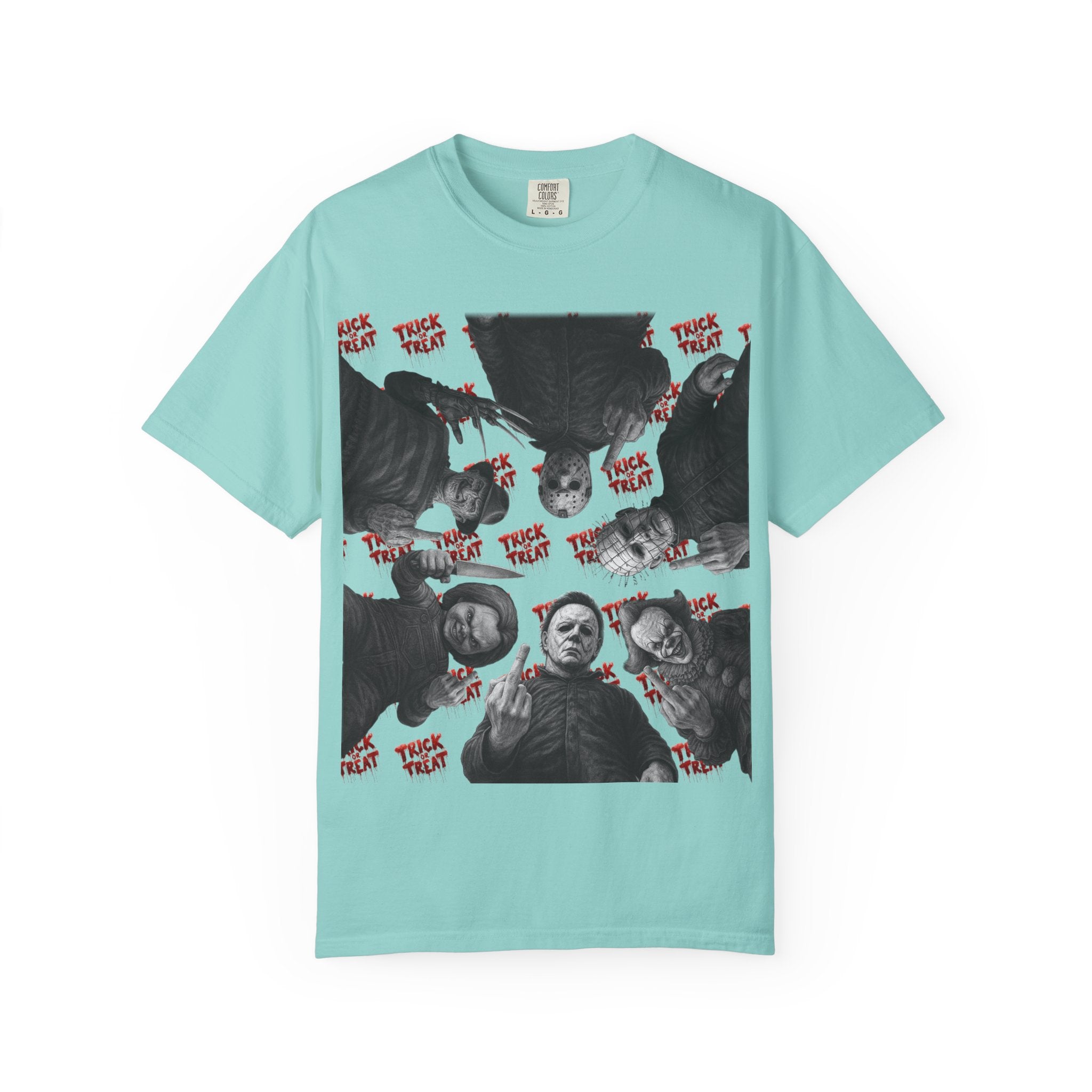 Horror Slashers Unisex T-shirt - Retro Michael Myers, Freddy, Jason, Chucky Middle Finger Design