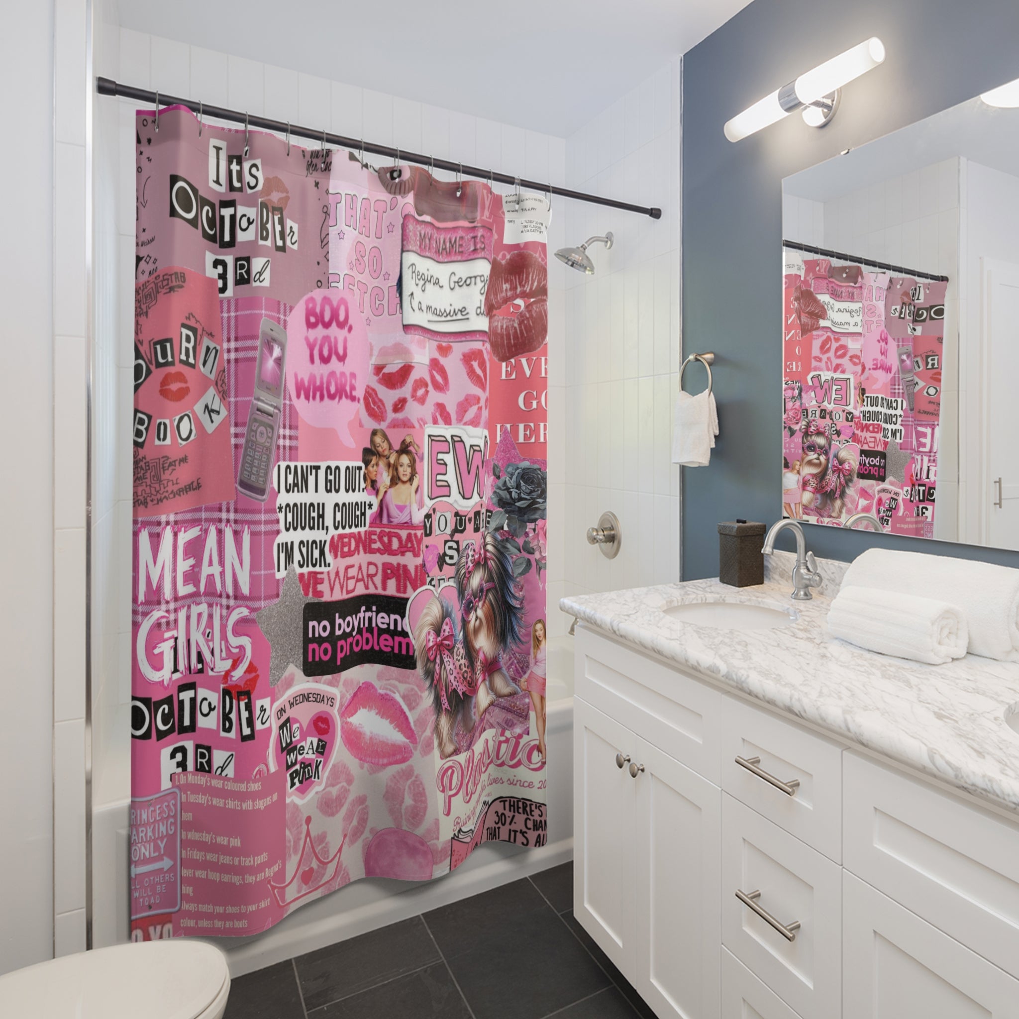 90's Pop Culture Mean Girls Quote Collage Shower Curtain – Pink Aesthetic, Movie-Inspired Bathroom Decor