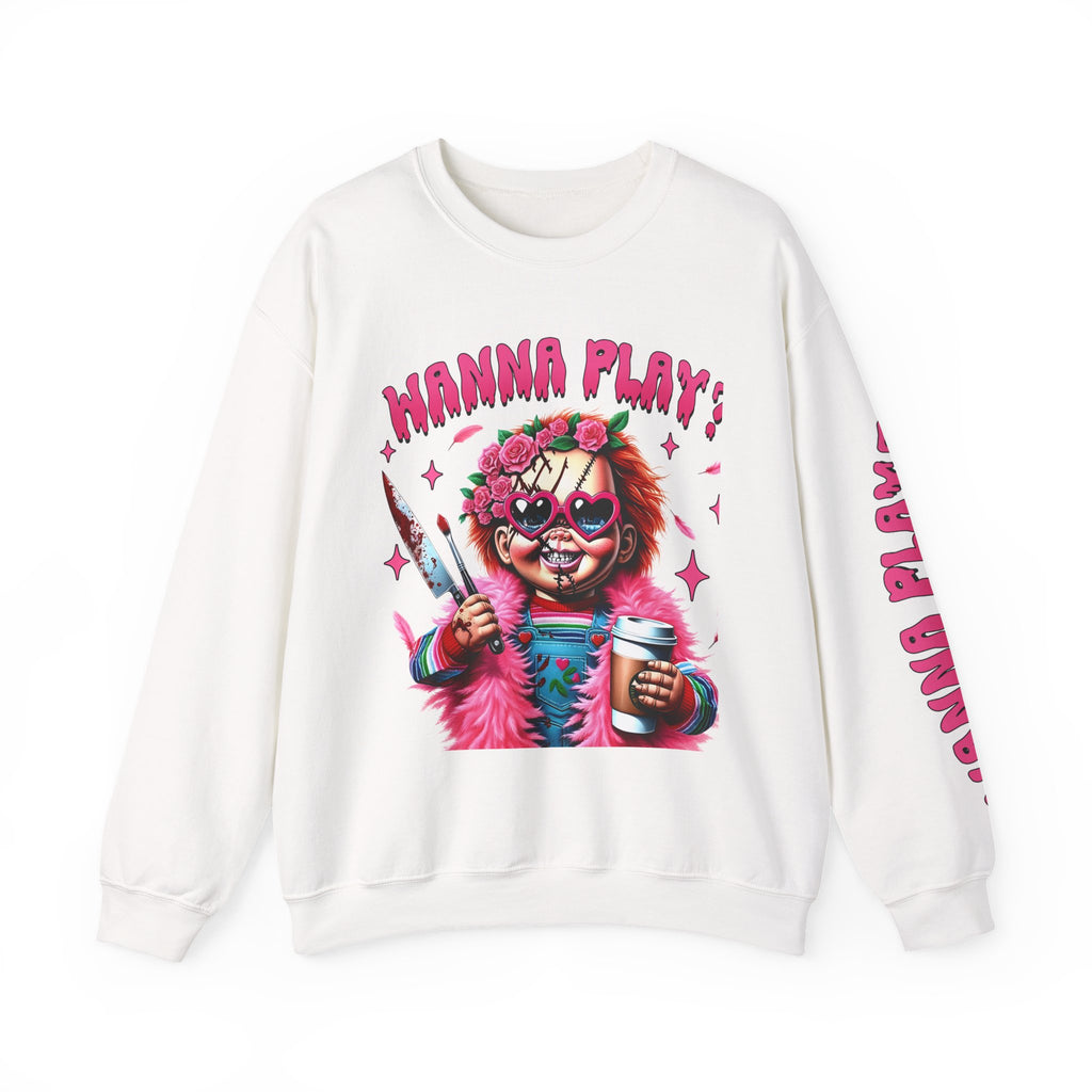 Wanna Play Horror Themed Crewneck Sweatshirt, Graphic Sweatshirt, Funny Casual Wear, Gift for Halloween, Unisex Sweater, Horror Fans Apparel