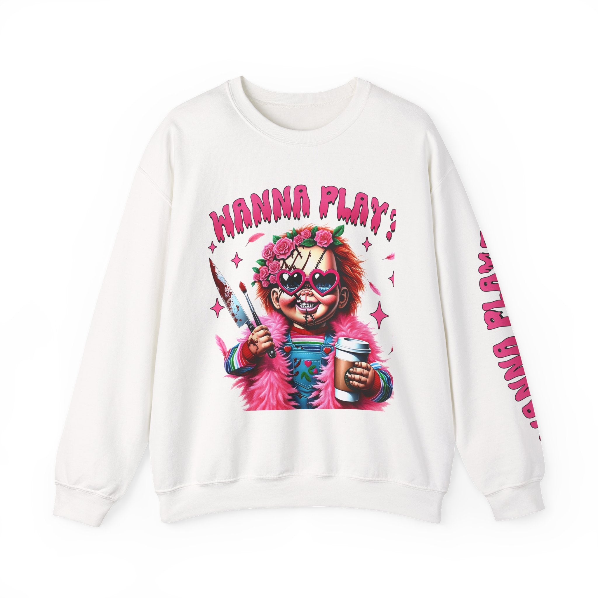 Wanna Play Horror Themed Crewneck Sweatshirt, Graphic Sweatshirt, Funny Casual Wear, Gift for Halloween, Unisex Sweater, Horror Fans Apparel