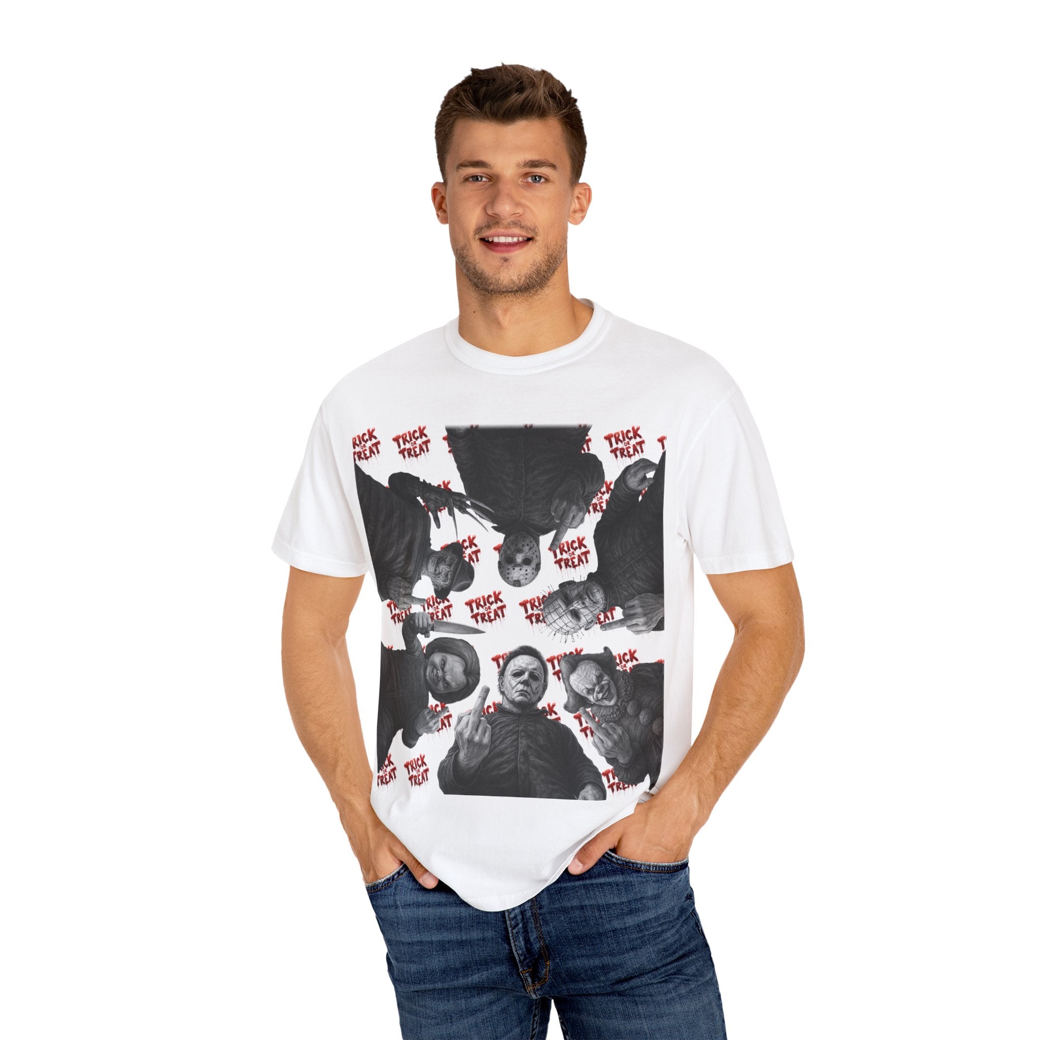 Horror Slashers Unisex T-shirt - Retro Michael Myers, Freddy, Jason, Chucky Middle Finger Design