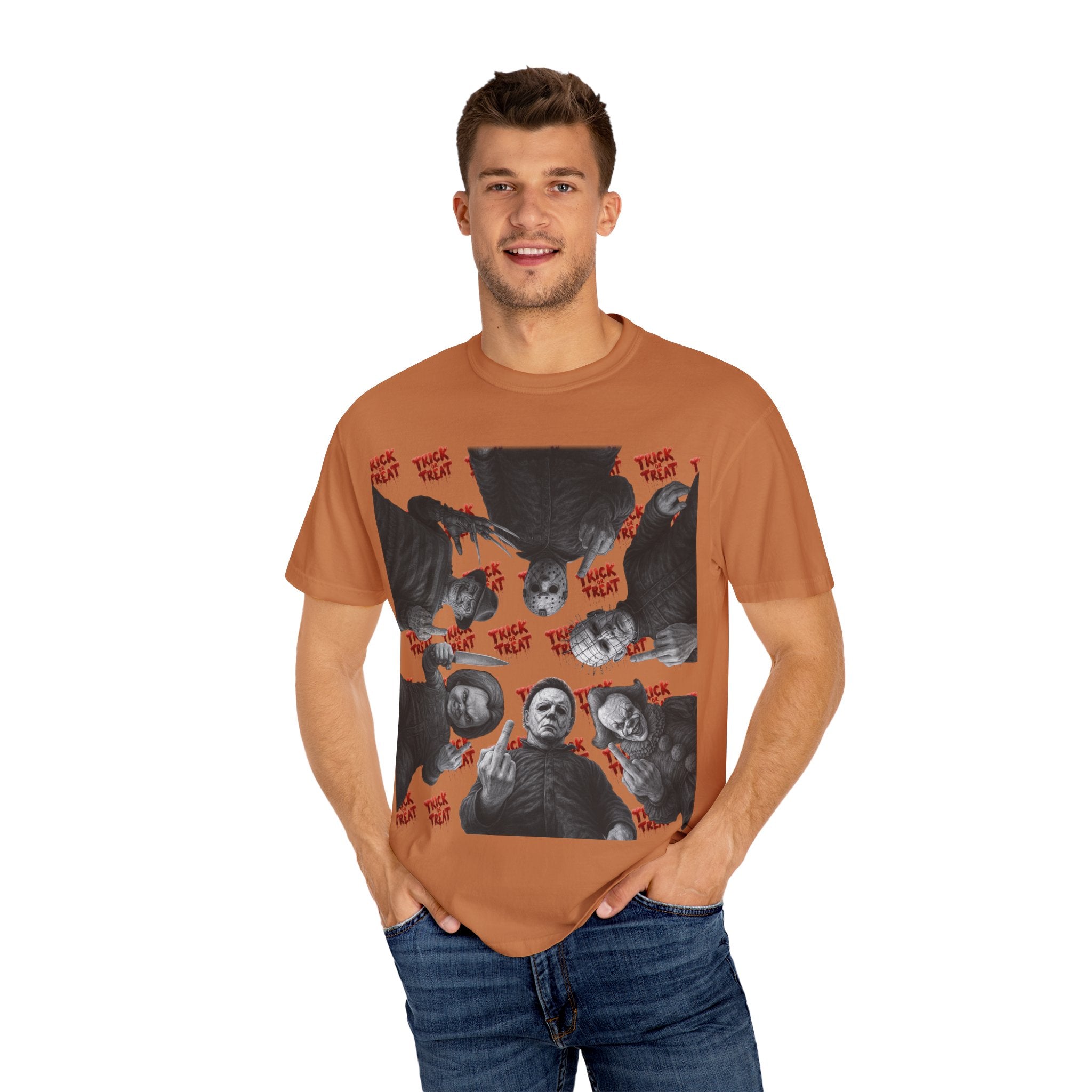 Horror Slashers Unisex T-shirt - Retro Michael Myers, Freddy, Jason, Chucky Middle Finger Design