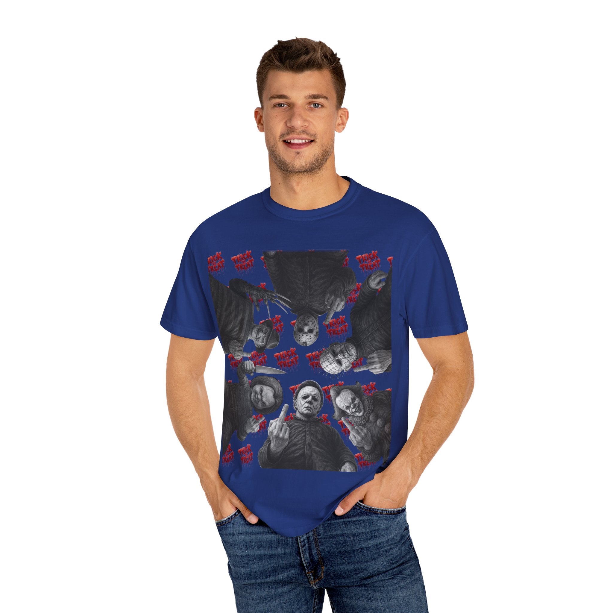 Horror Slashers Unisex T-shirt - Retro Michael Myers, Freddy, Jason, Chucky Middle Finger Design
