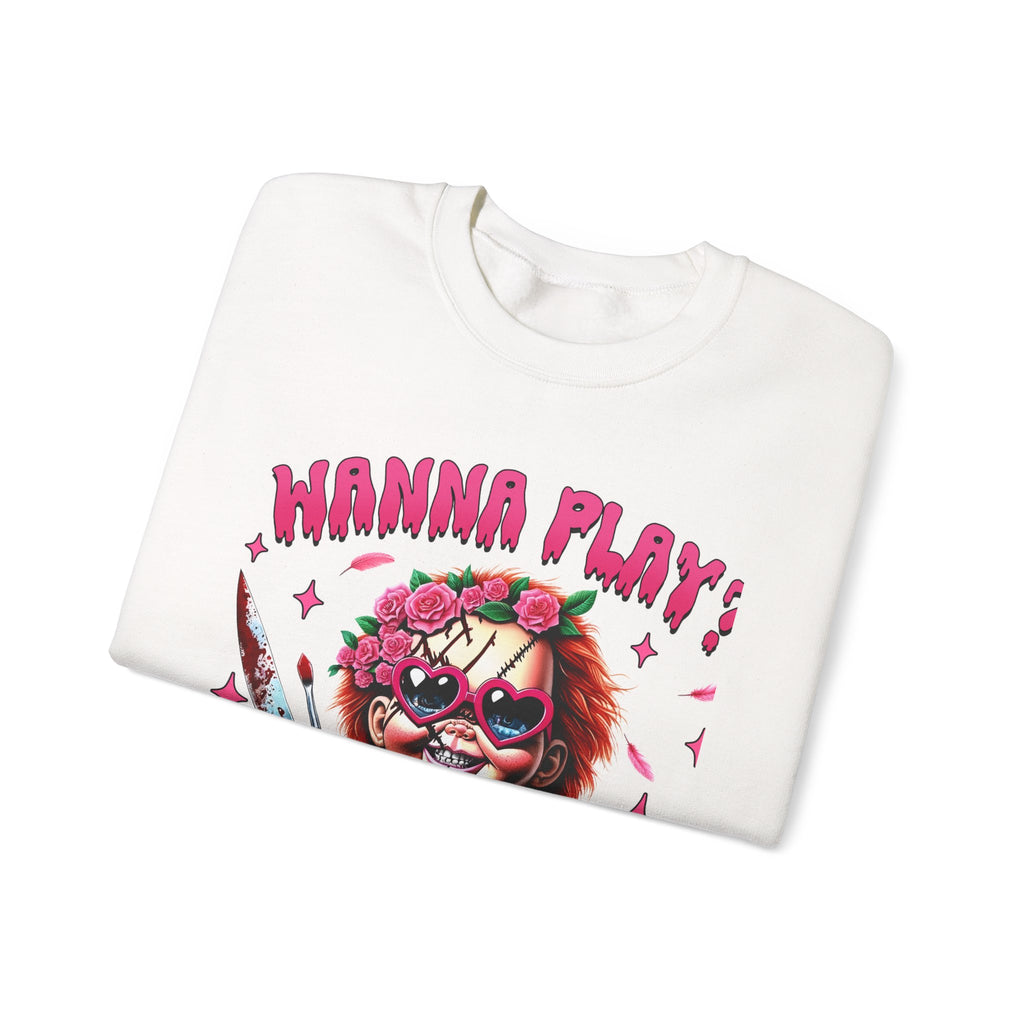 Wanna Play Horror Themed Crewneck Sweatshirt, Graphic Sweatshirt, Funny Casual Wear, Gift for Halloween, Unisex Sweater, Horror Fans Apparel