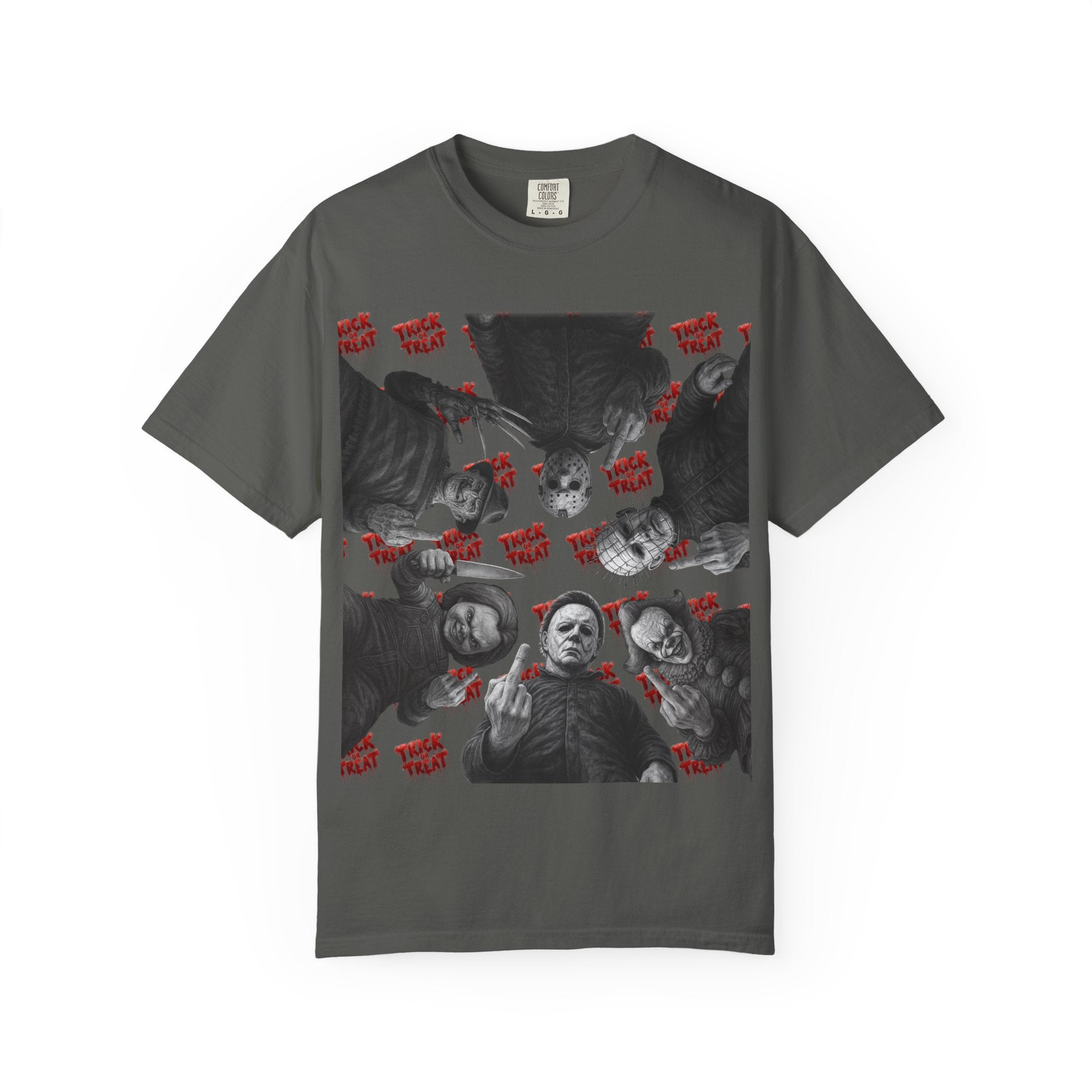 Horror Slashers Unisex T-shirt - Retro Michael Myers, Freddy, Jason, Chucky Middle Finger Design