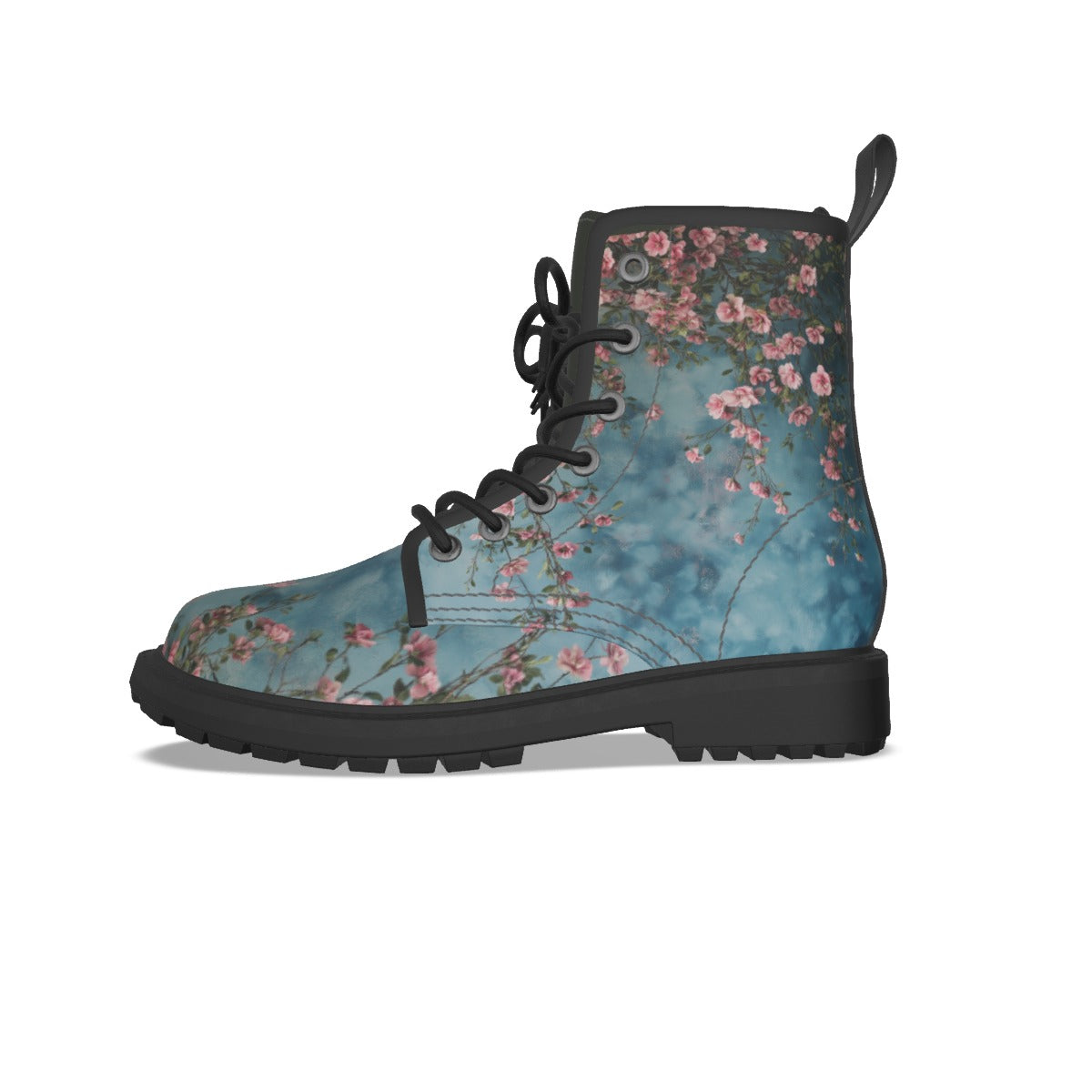 Teal Floral Grungy Women's Martin Short Boots With Black Bottom