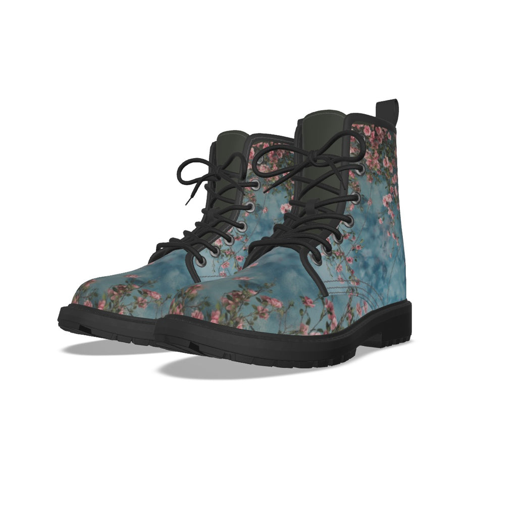 Teal Floral Grungy Women's Martin Short Boots With Black Bottom