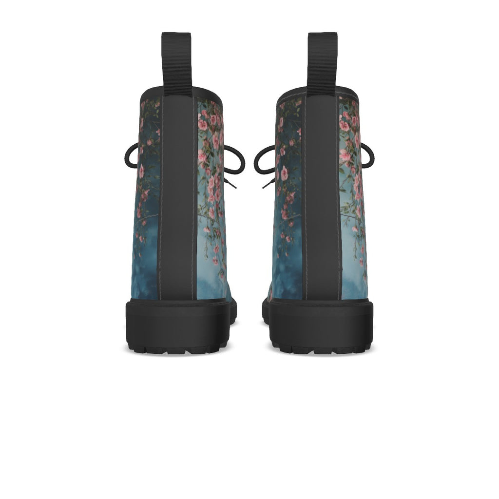 Teal Floral Grungy Women's Martin Short Boots With Black Bottom