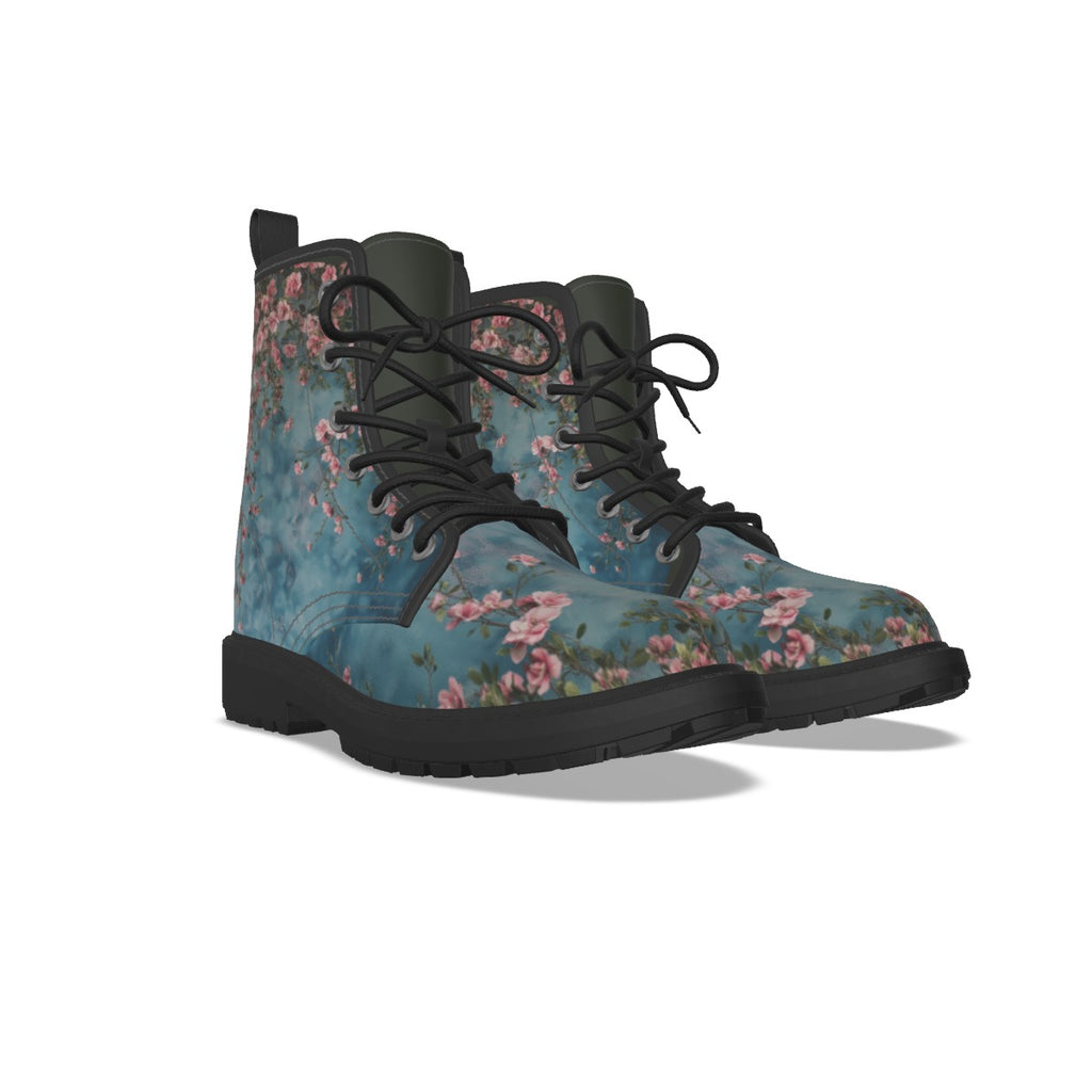 Teal Floral Grungy Women's Martin Short Boots With Black Bottom