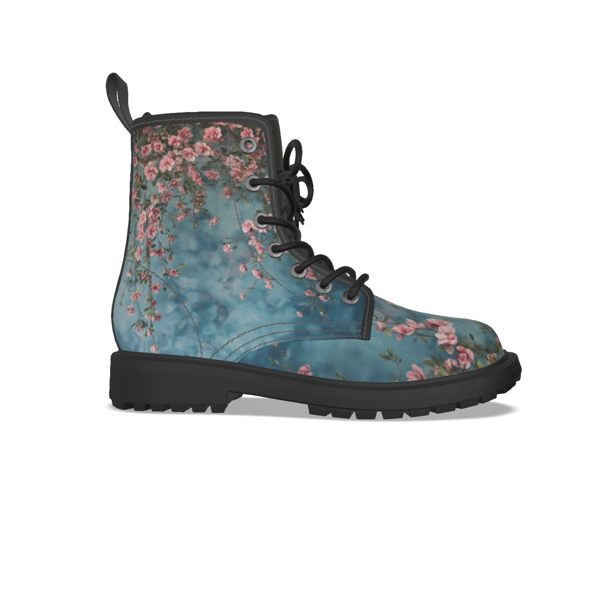 Teal Floral Grungy Women's Martin Short Boots With Black Bottom