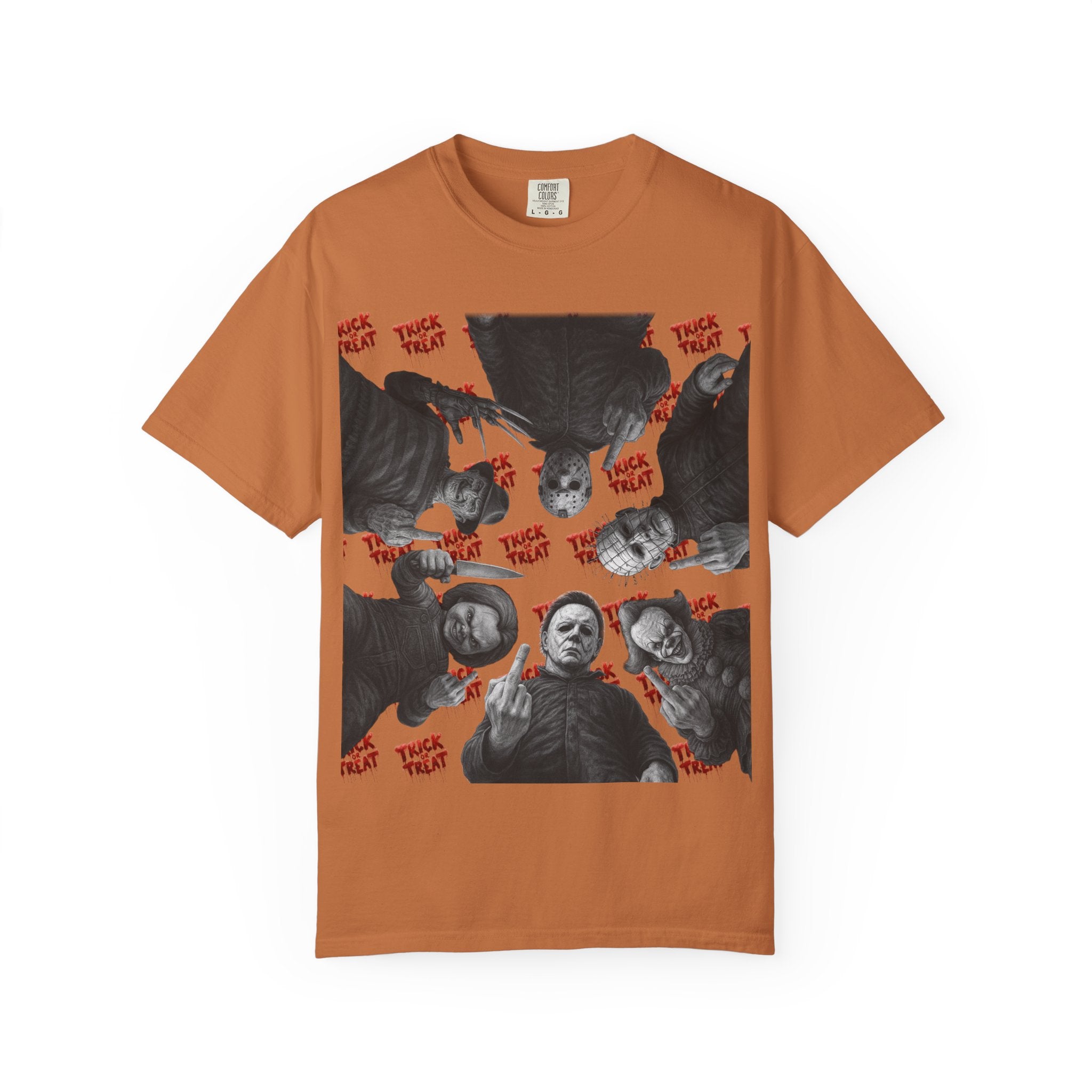 Horror Slashers Unisex T-shirt - Retro Michael Myers, Freddy, Jason, Chucky Middle Finger Design