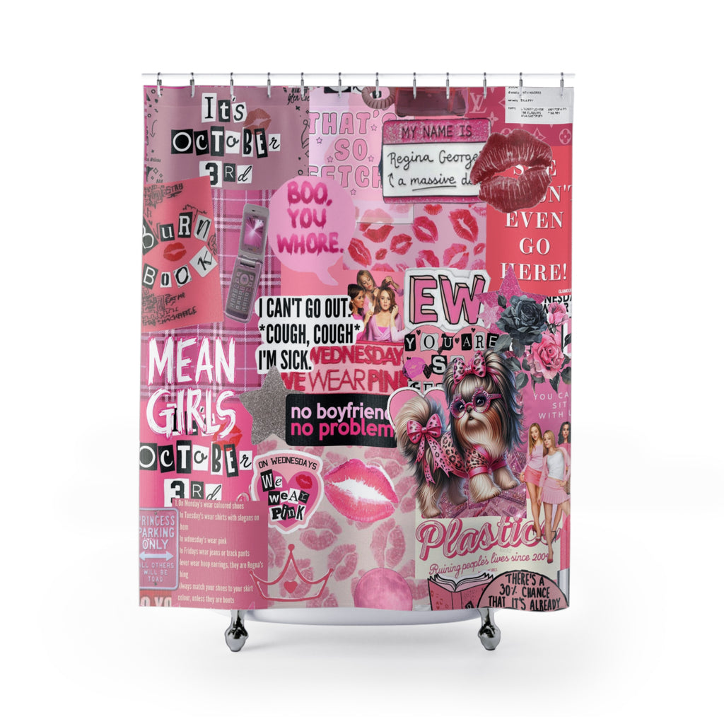 90's Pop Culture Mean Girls Quote Collage Shower Curtain – Pink Aesthetic, Movie-Inspired Bathroom Decor