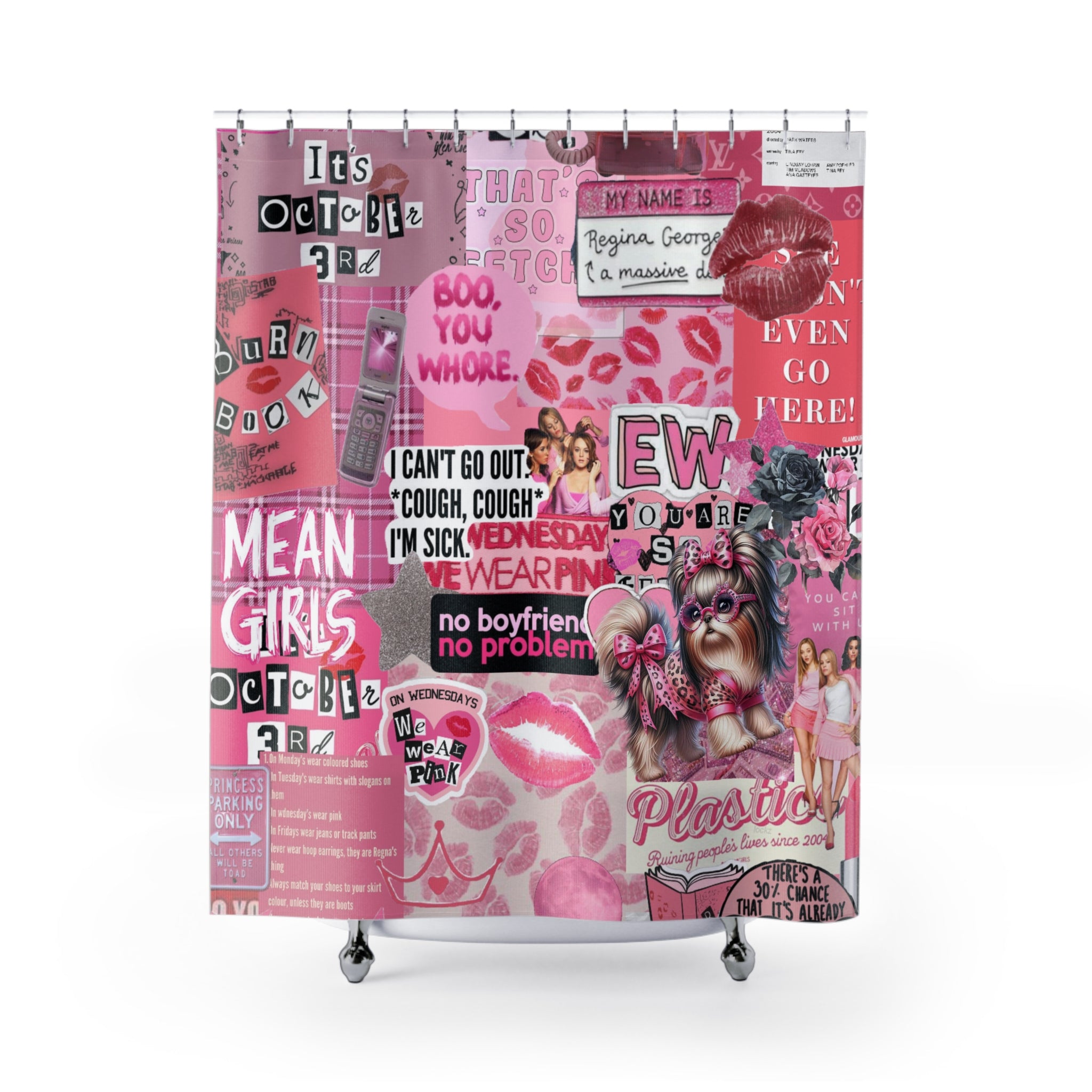 90's Pop Culture Mean Girls Quote Collage Shower Curtain – Pink Aesthetic, Movie-Inspired Bathroom Decor