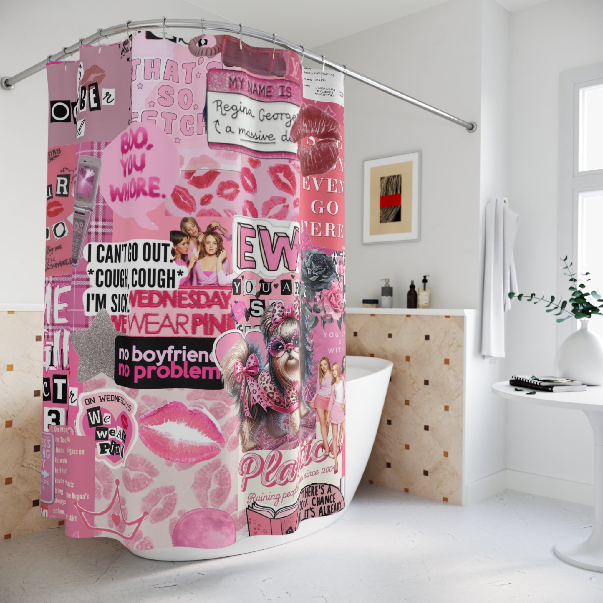 90's Pop Culture Mean Girls Quote Collage Shower Curtain – Pink Aesthetic, Movie-Inspired Bathroom Decor