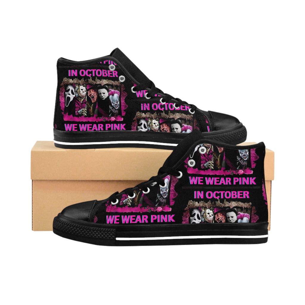 Horror Legends Pink October High Top Sneakers, Women's Classic Shoe, Converse Style, 80s 90s Movie Fans Gift, Halloween Fashion, Trendy