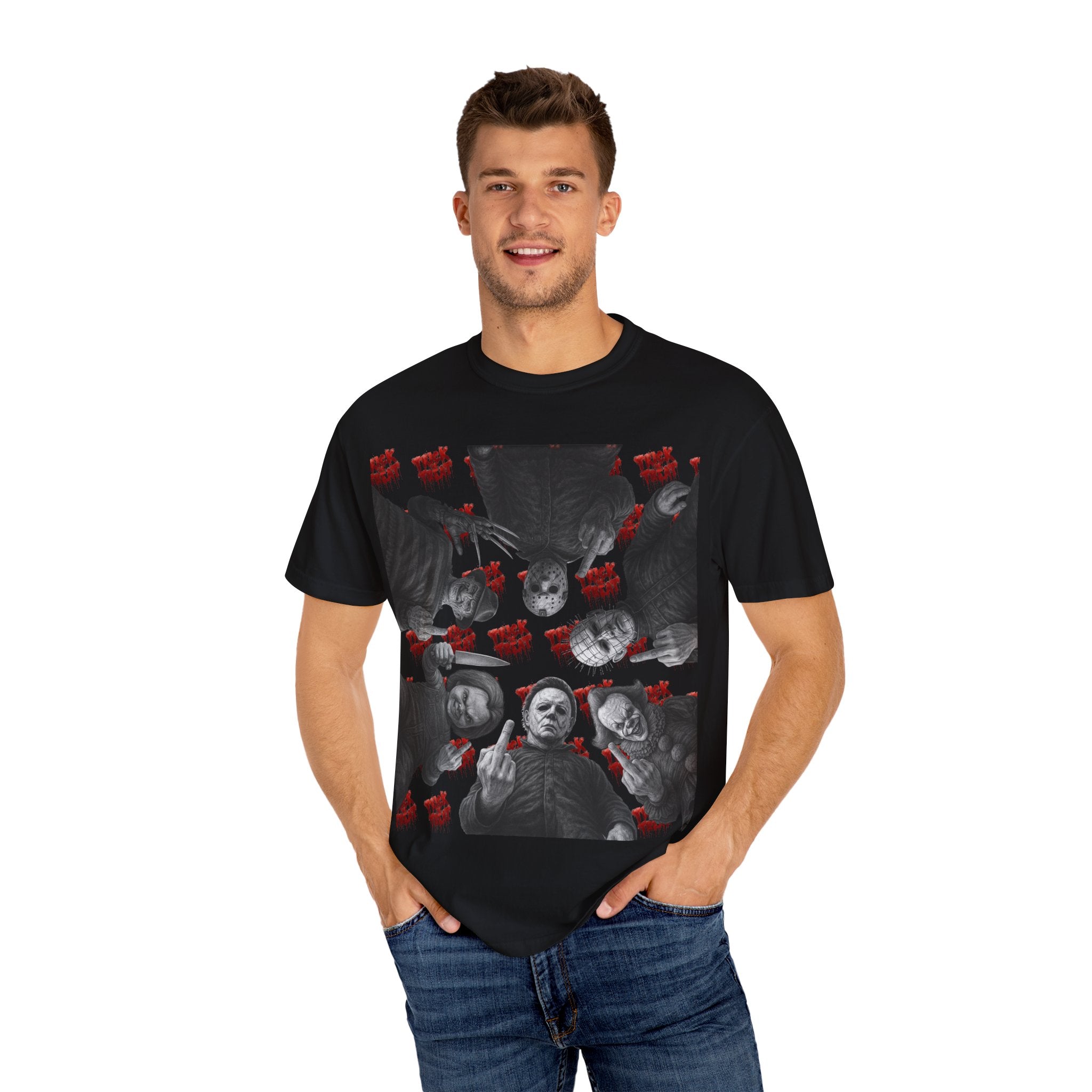 Horror Slashers Unisex T-shirt - Retro Michael Myers, Freddy, Jason, Chucky Middle Finger Design