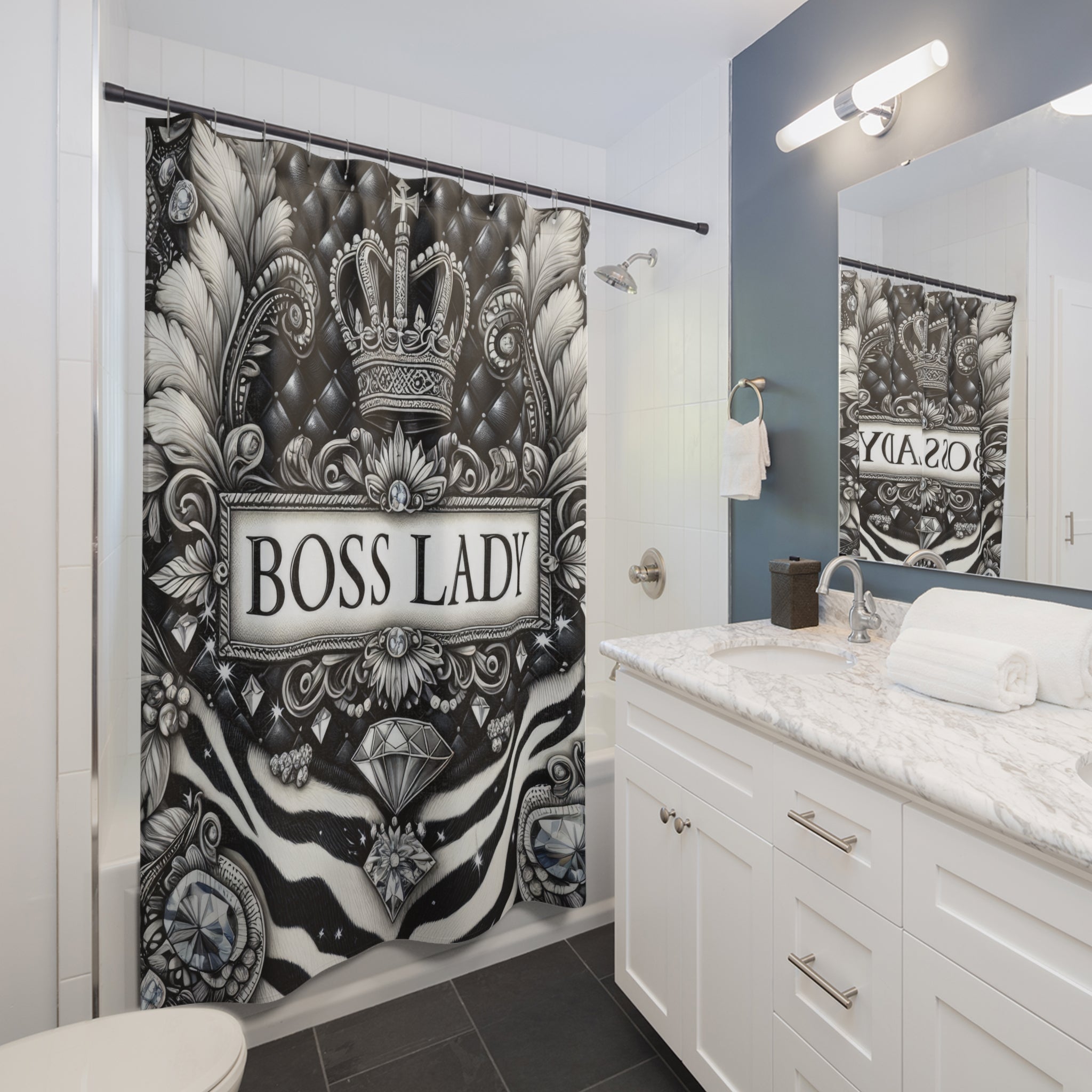 Shower Curtains Boss Lady Silver Embellished Black and Silver