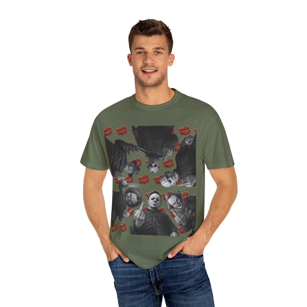 Horror Slashers Unisex T-shirt - Retro Michael Myers, Freddy, Jason, Chucky Middle Finger Design