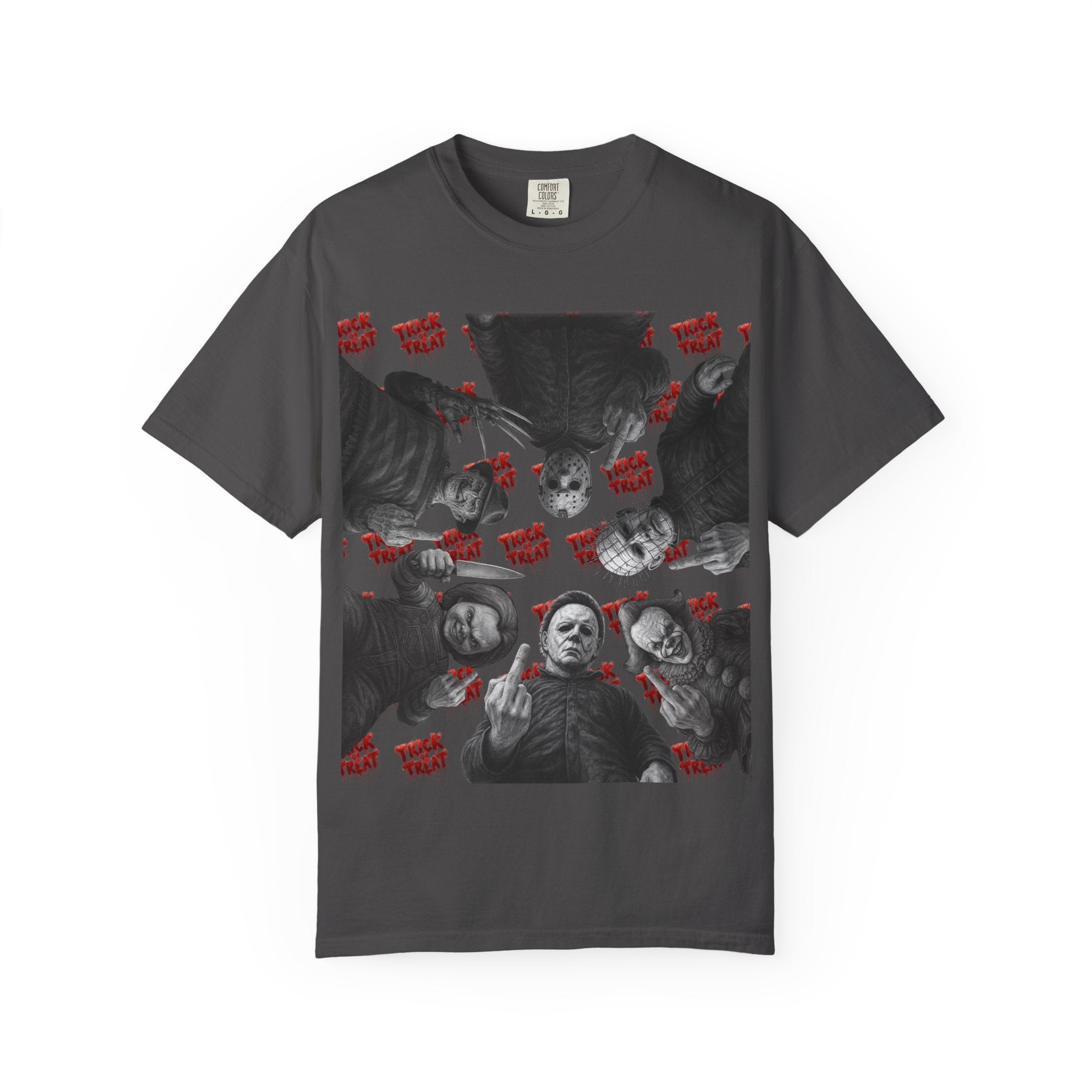 Horror Slashers Unisex T-shirt - Retro Michael Myers, Freddy, Jason, Chucky Middle Finger Design
