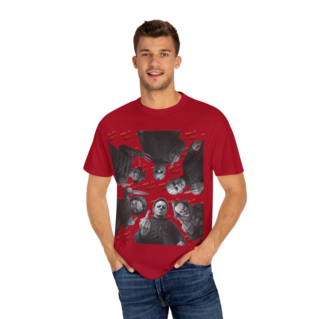 Horror Slashers Unisex T-shirt - Retro Michael Myers, Freddy, Jason, Chucky Middle Finger Design