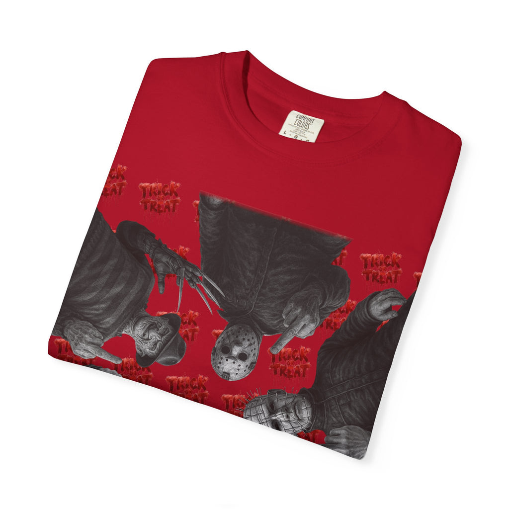 Horror Slashers Unisex T-shirt - Retro Michael Myers, Freddy, Jason, Chucky Middle Finger Design