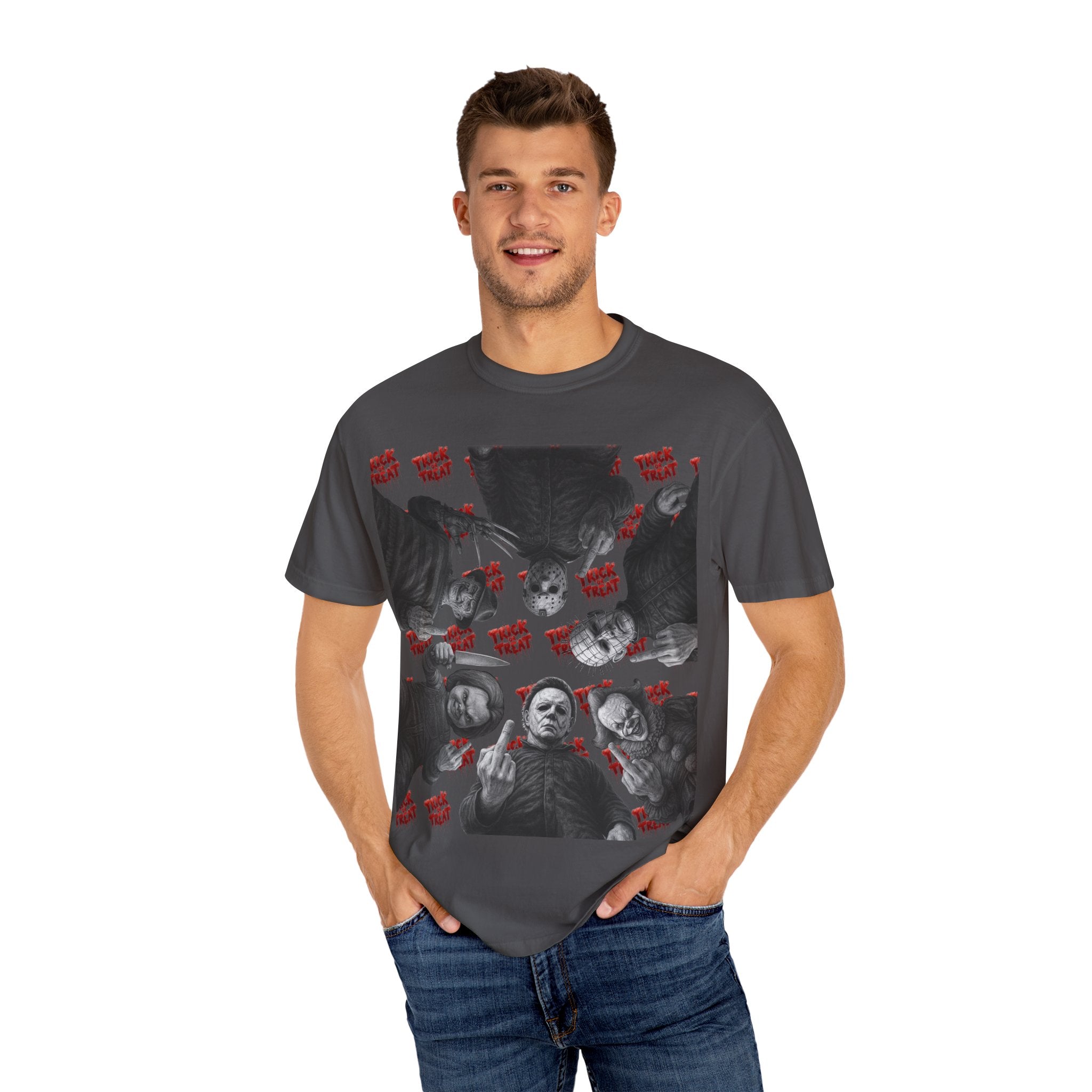 Horror Slashers Unisex T-shirt - Retro Michael Myers, Freddy, Jason, Chucky Middle Finger Design