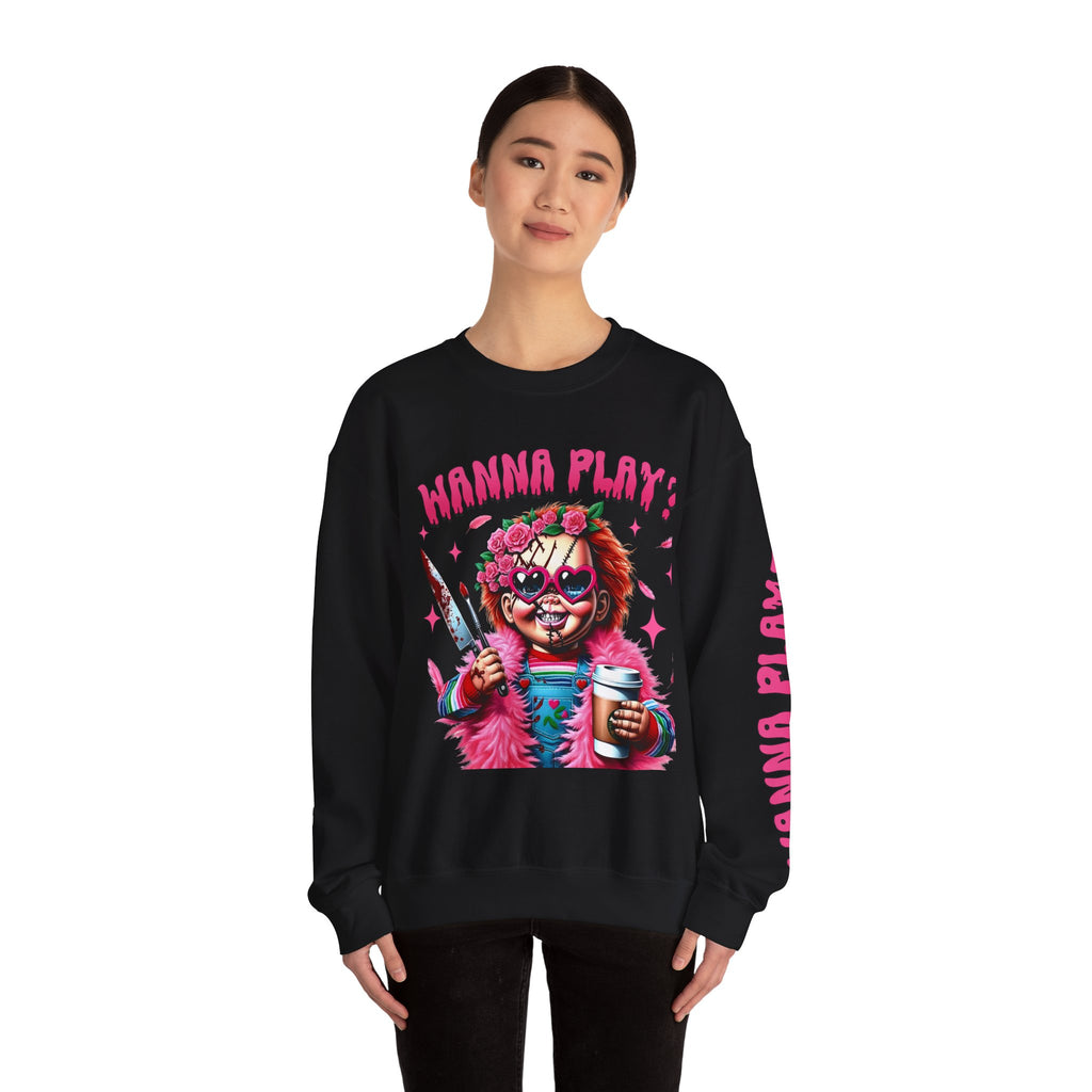 Wanna Play Horror Themed Crewneck Sweatshirt, Graphic Sweatshirt, Funny Casual Wear, Gift for Halloween, Unisex Sweater, Horror Fans Apparel