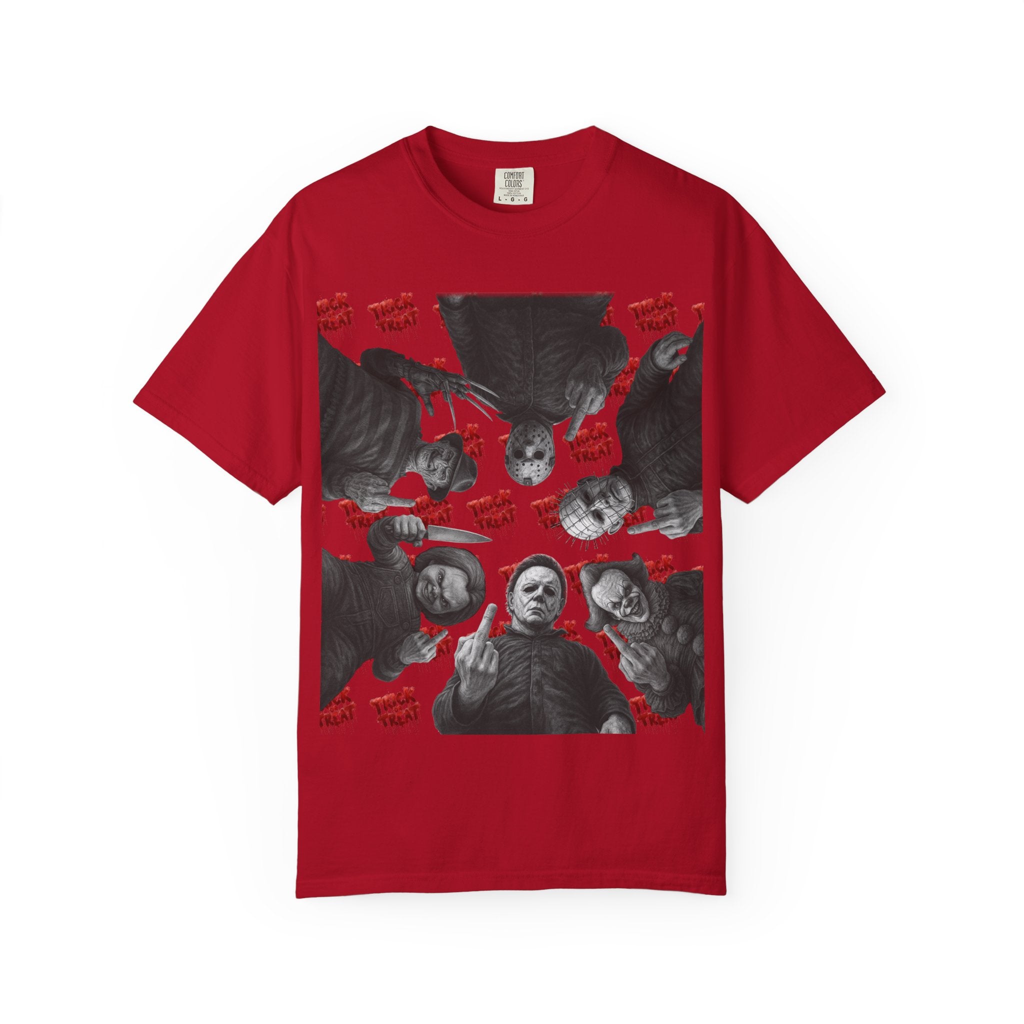 Horror Slashers Unisex T-shirt - Retro Michael Myers, Freddy, Jason, Chucky Middle Finger Design