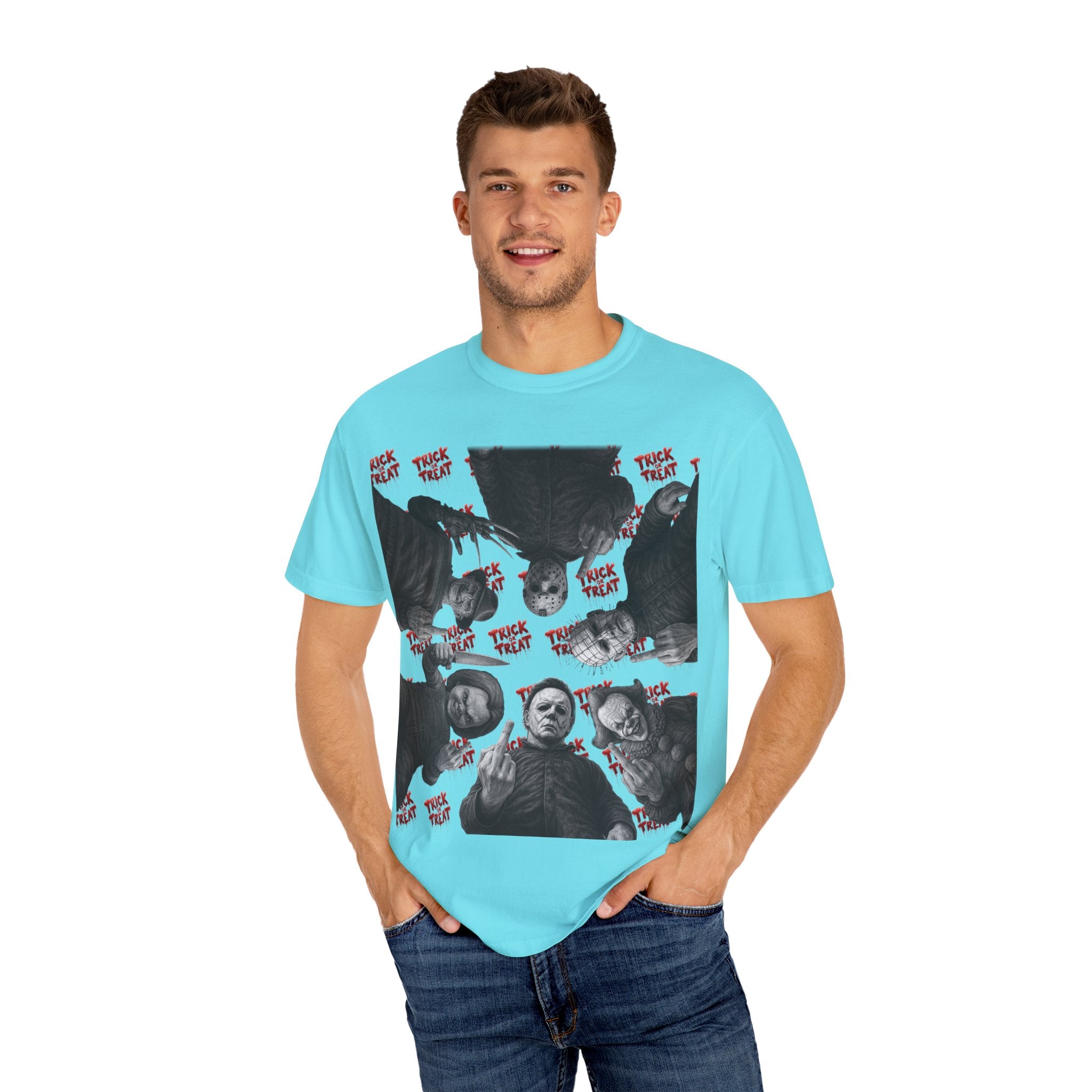 Horror Slashers Unisex T-shirt - Retro Michael Myers, Freddy, Jason, Chucky Middle Finger Design