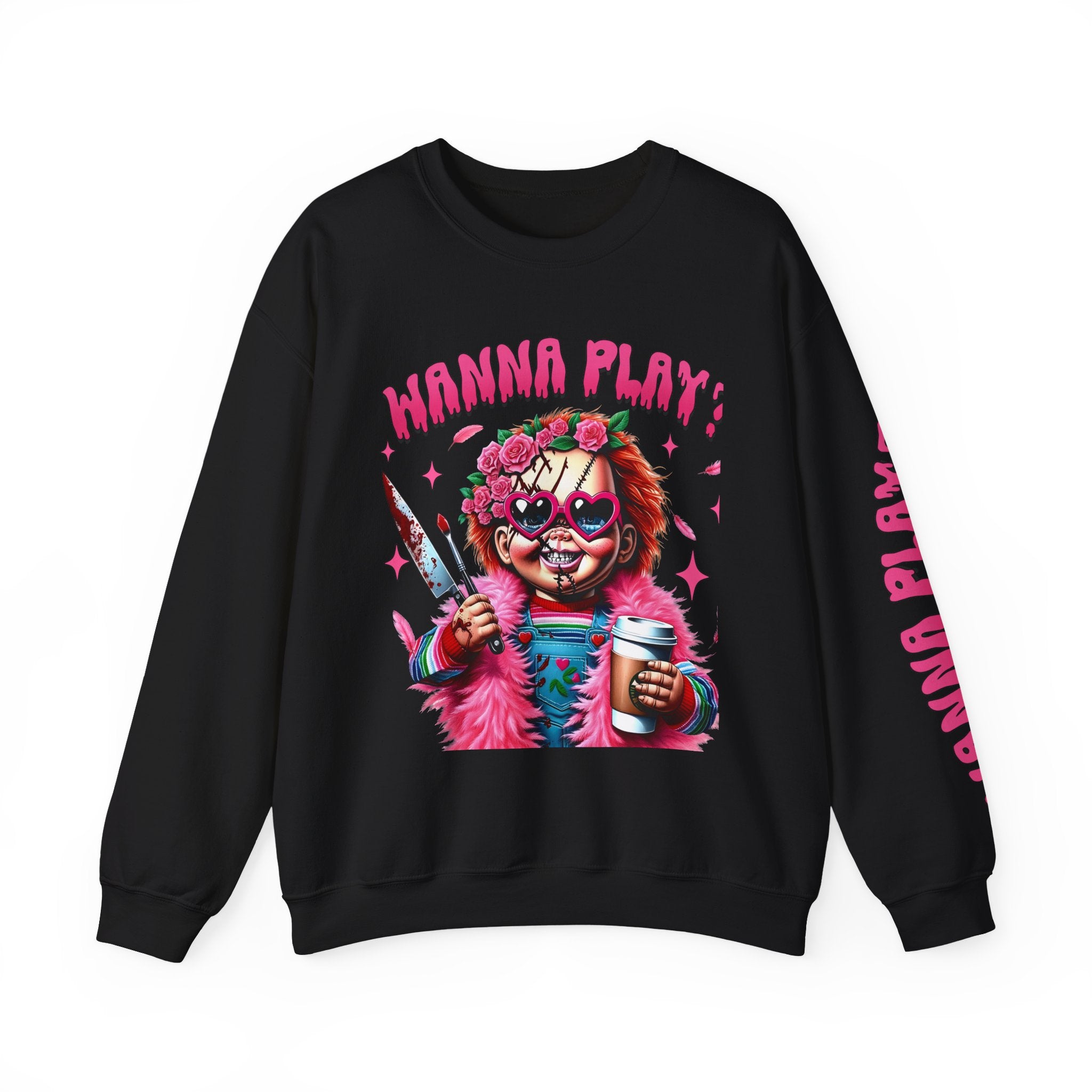 Wanna Play Horror Themed Crewneck Sweatshirt, Graphic Sweatshirt, Funny Casual Wear, Gift for Halloween, Unisex Sweater, Horror Fans Apparel