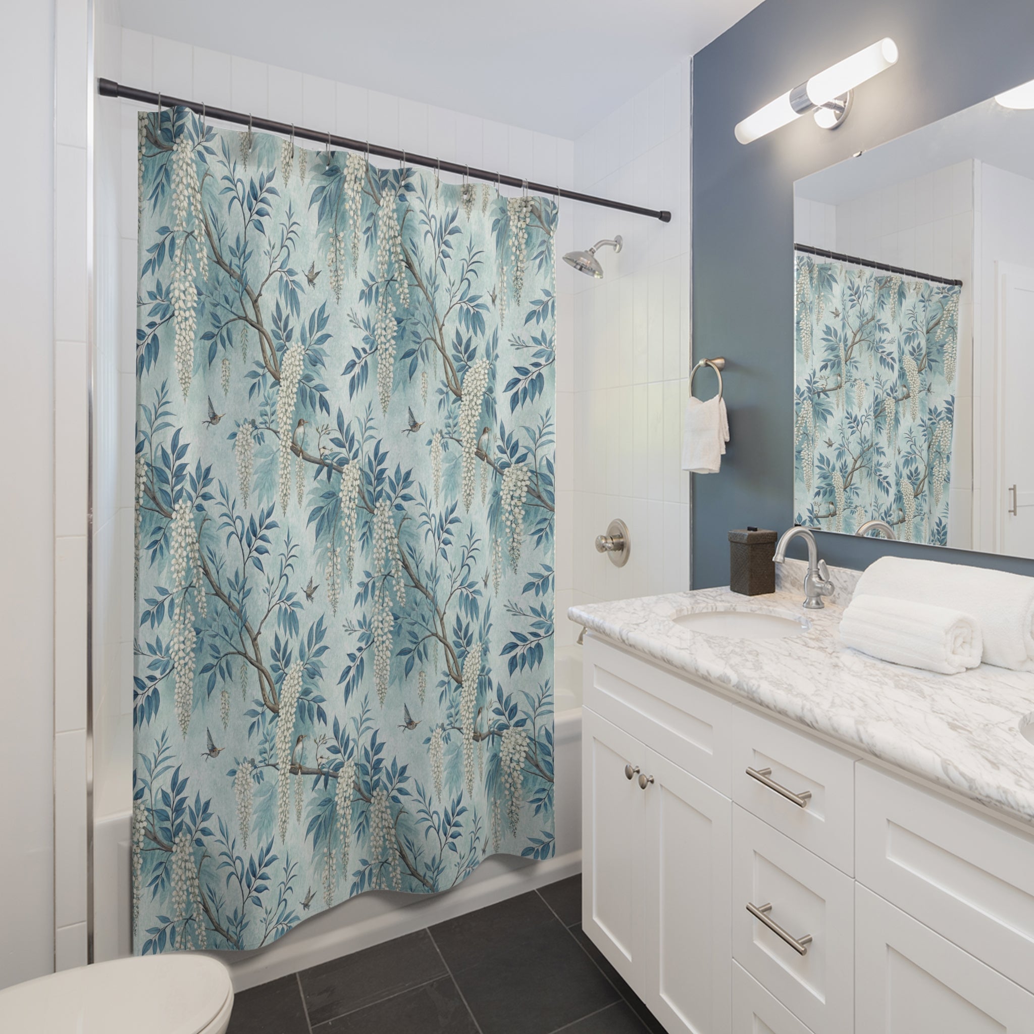Floral Shower Curtains - Dreamy Light Blue Floral Design